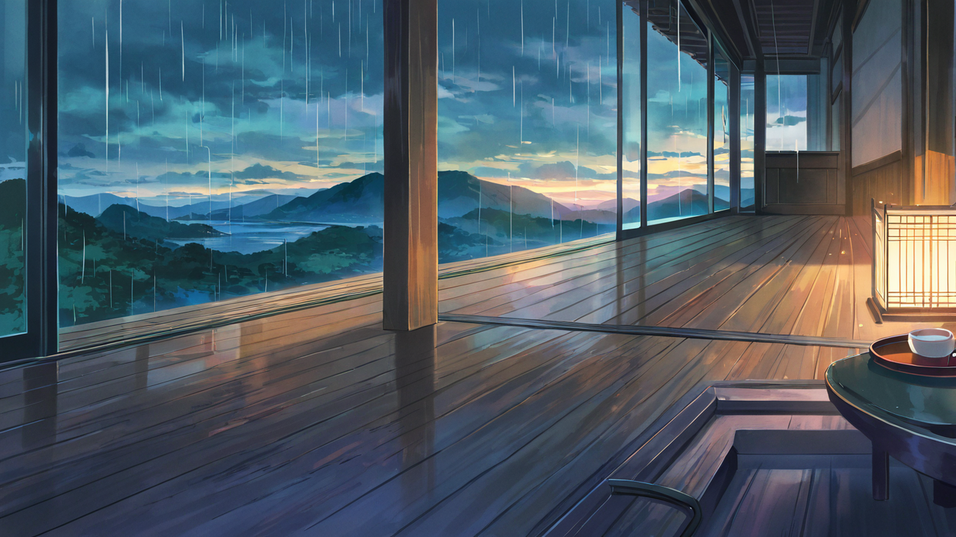 rainy porch engawa lofi wallpaper