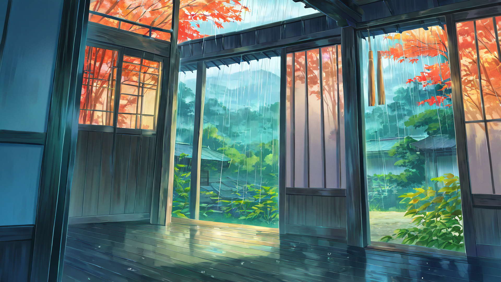 rainy porch engawa lofi wallpaper
