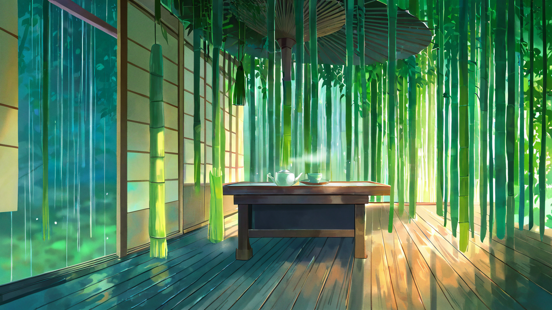 rainy porch engawa lofi wallpaper