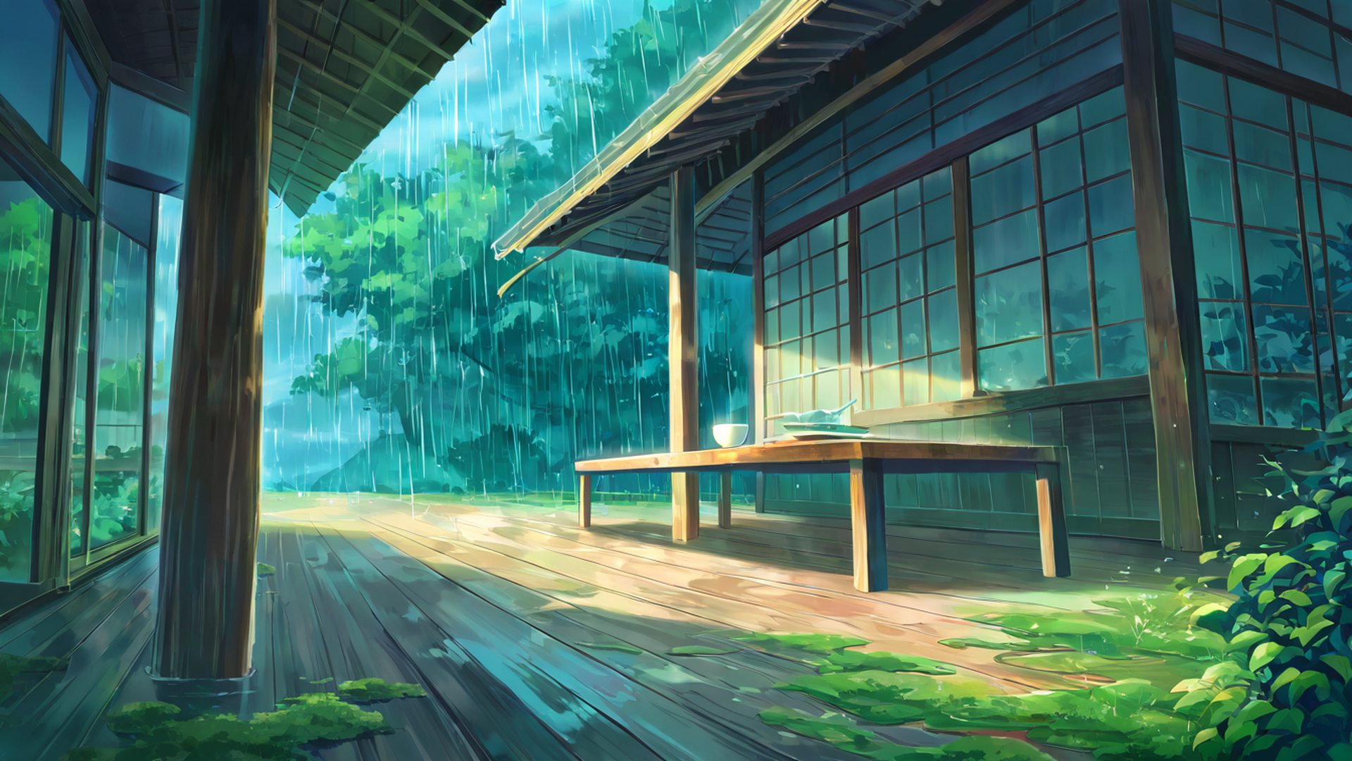rainy porch engawa lofi wallpaper