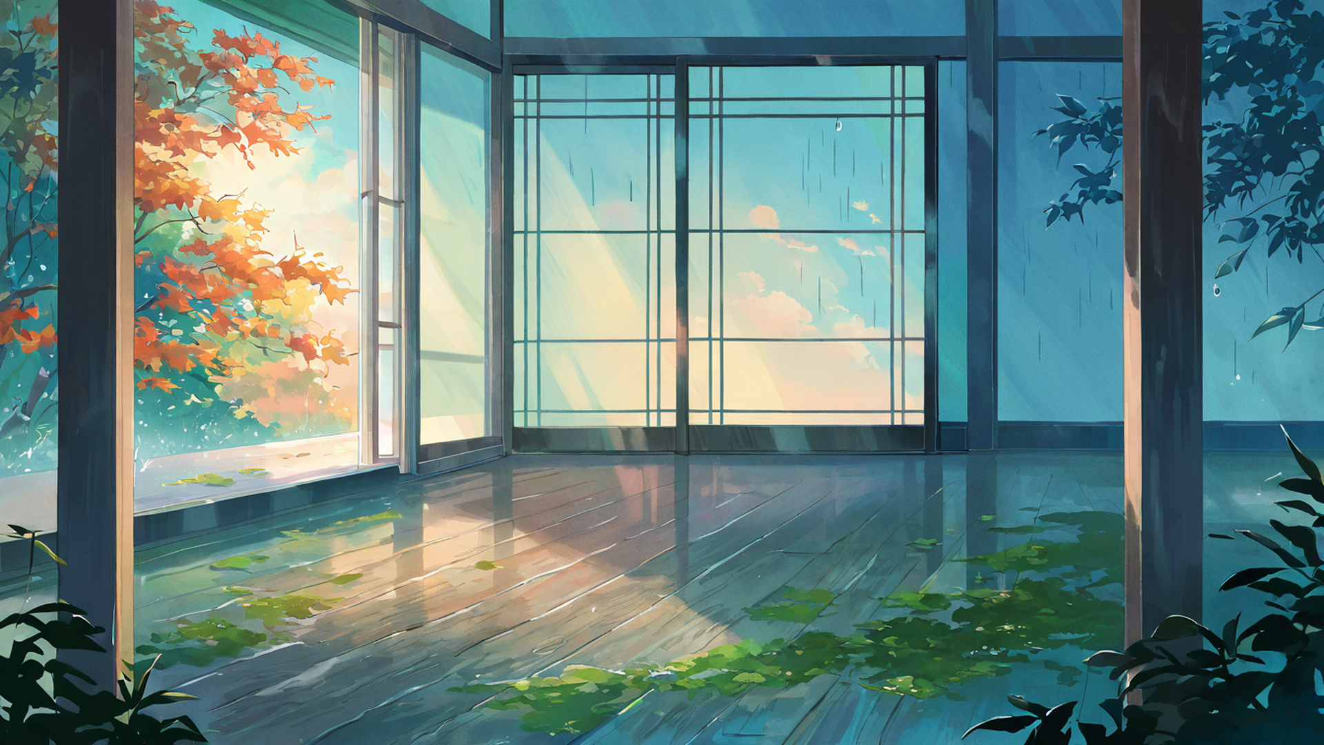 rainy porch engawa lofi wallpaper