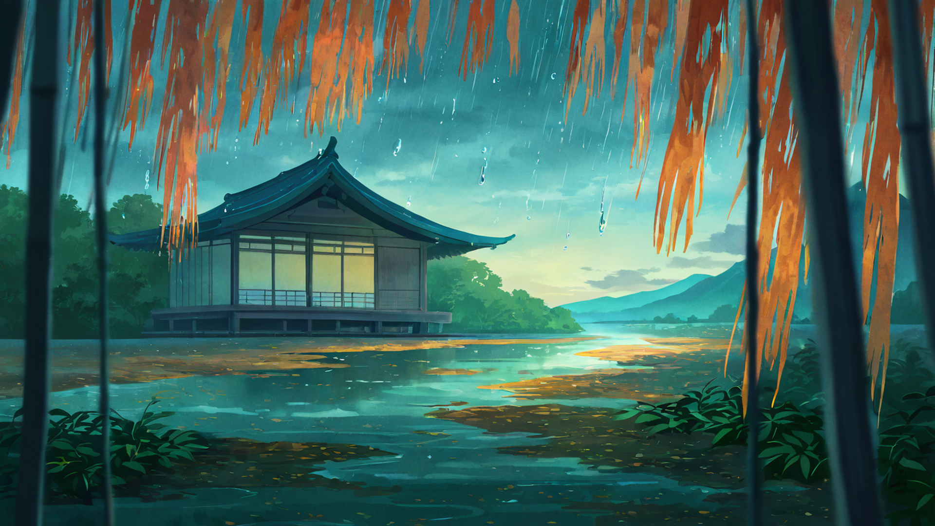 rainy porch engawa lofi wallpaper