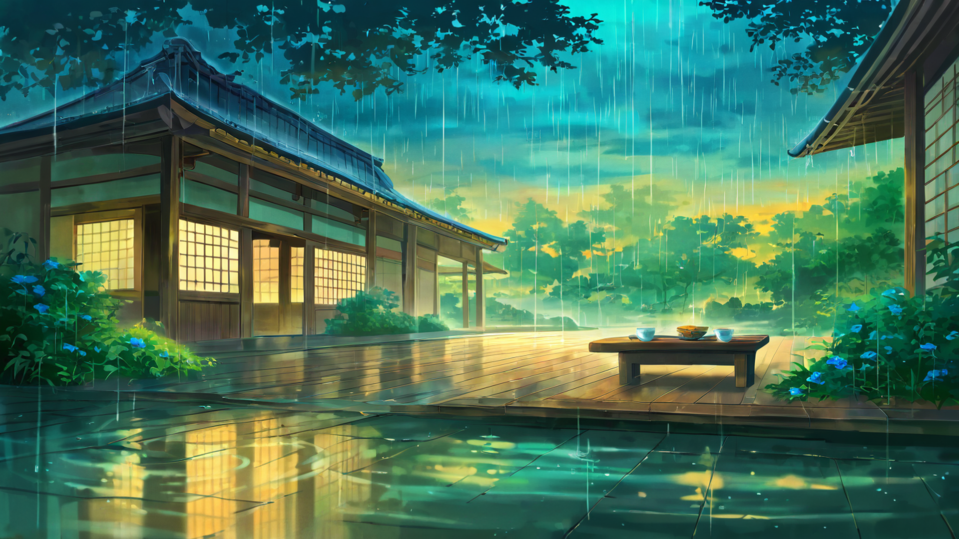 rainy porch engawa lofi wallpaper