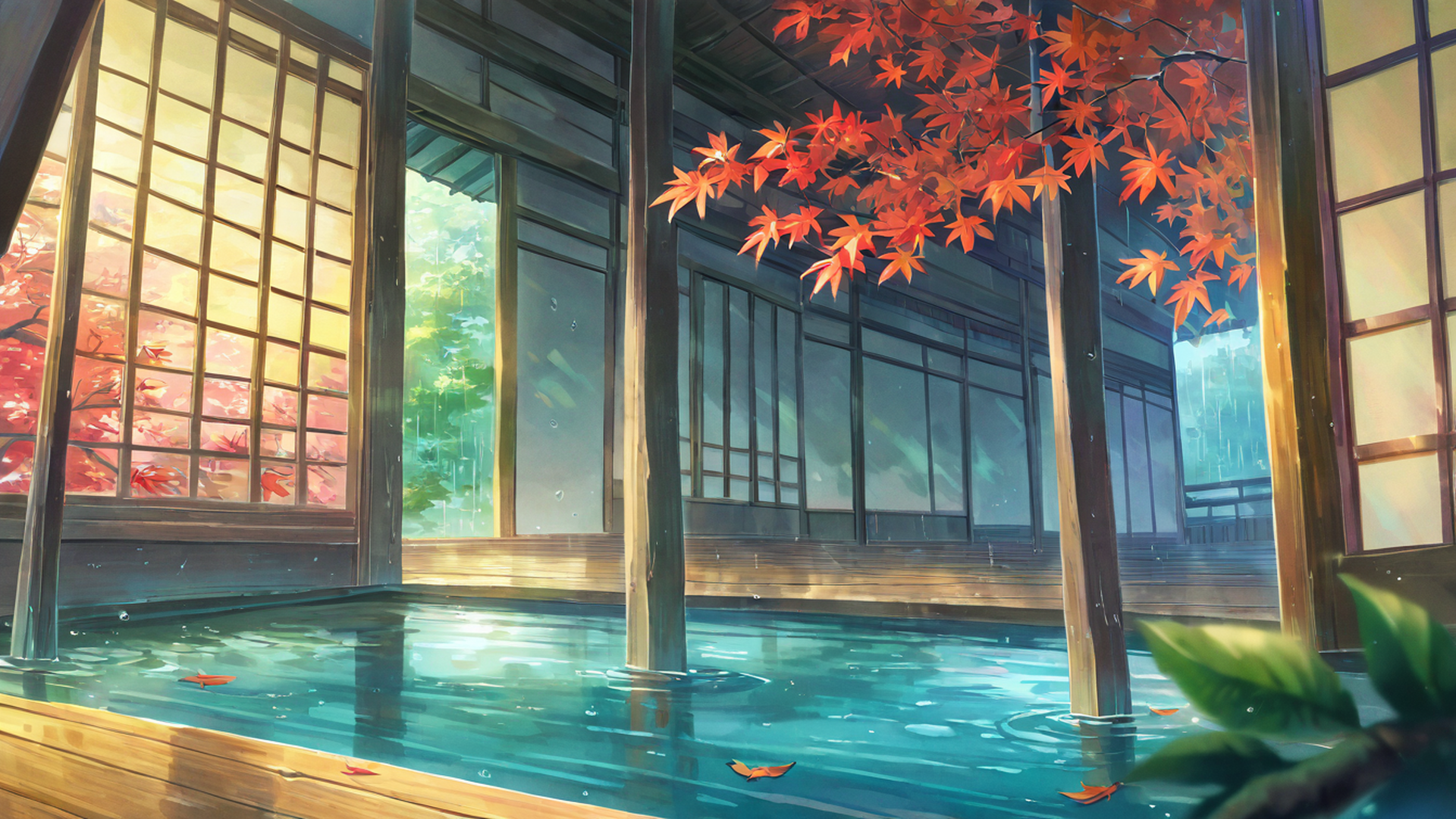 rainy porch engawa lofi wallpaper