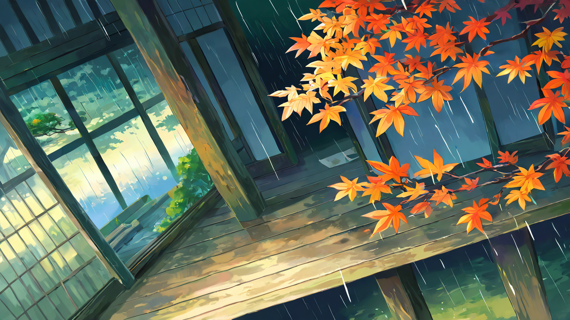 rainy porch engawa lofi wallpaper