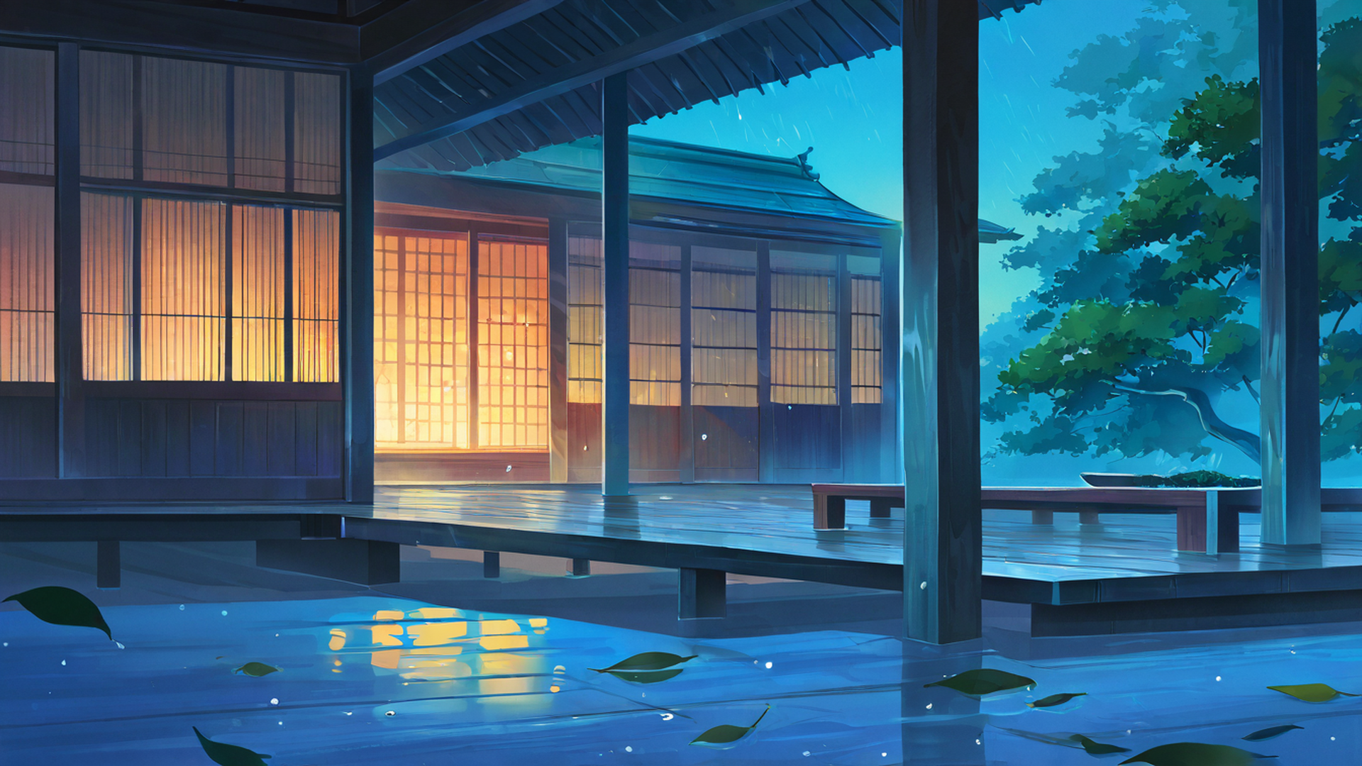 rainy porch engawa lofi wallpaper