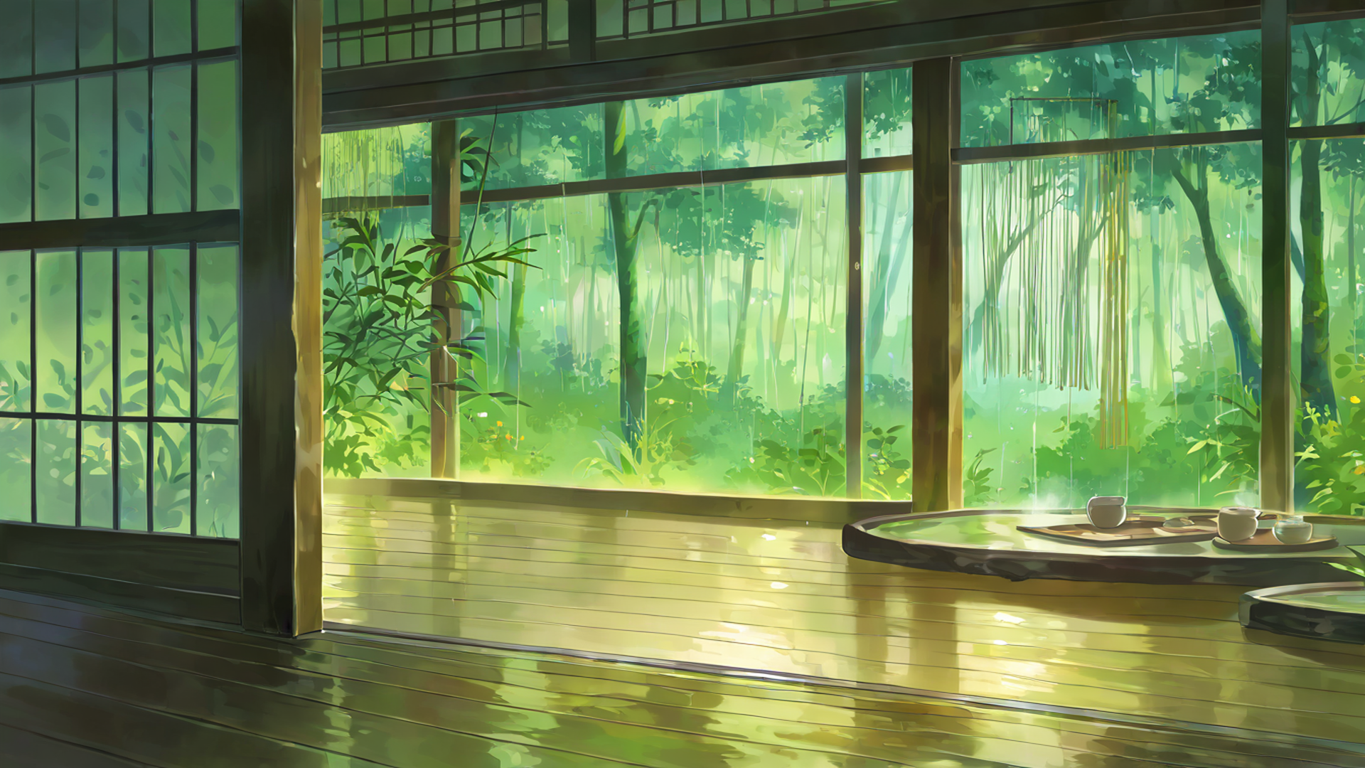 rainy porch engawa lofi wallpaper