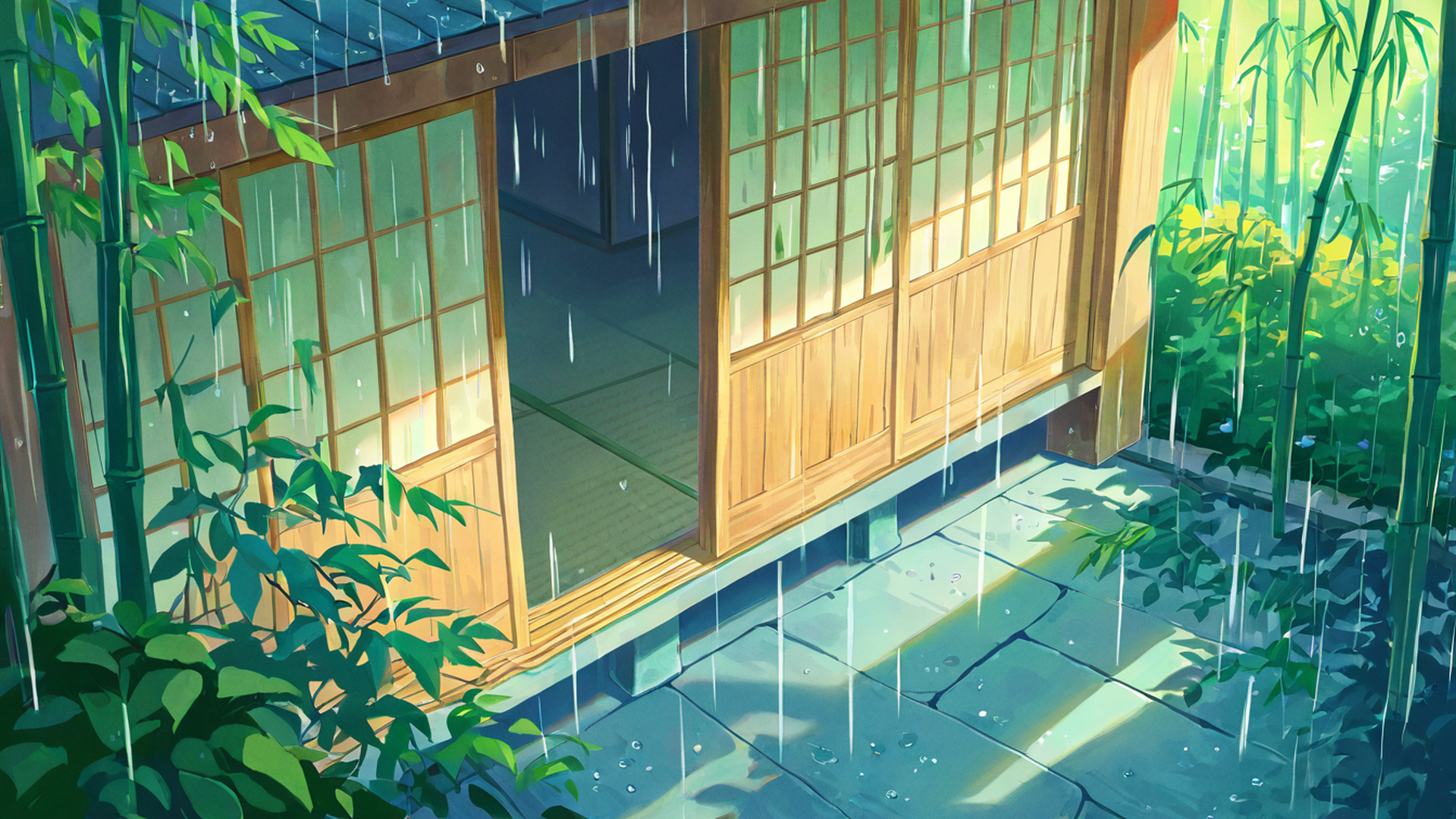 rainy porch engawa lofi wallpaper