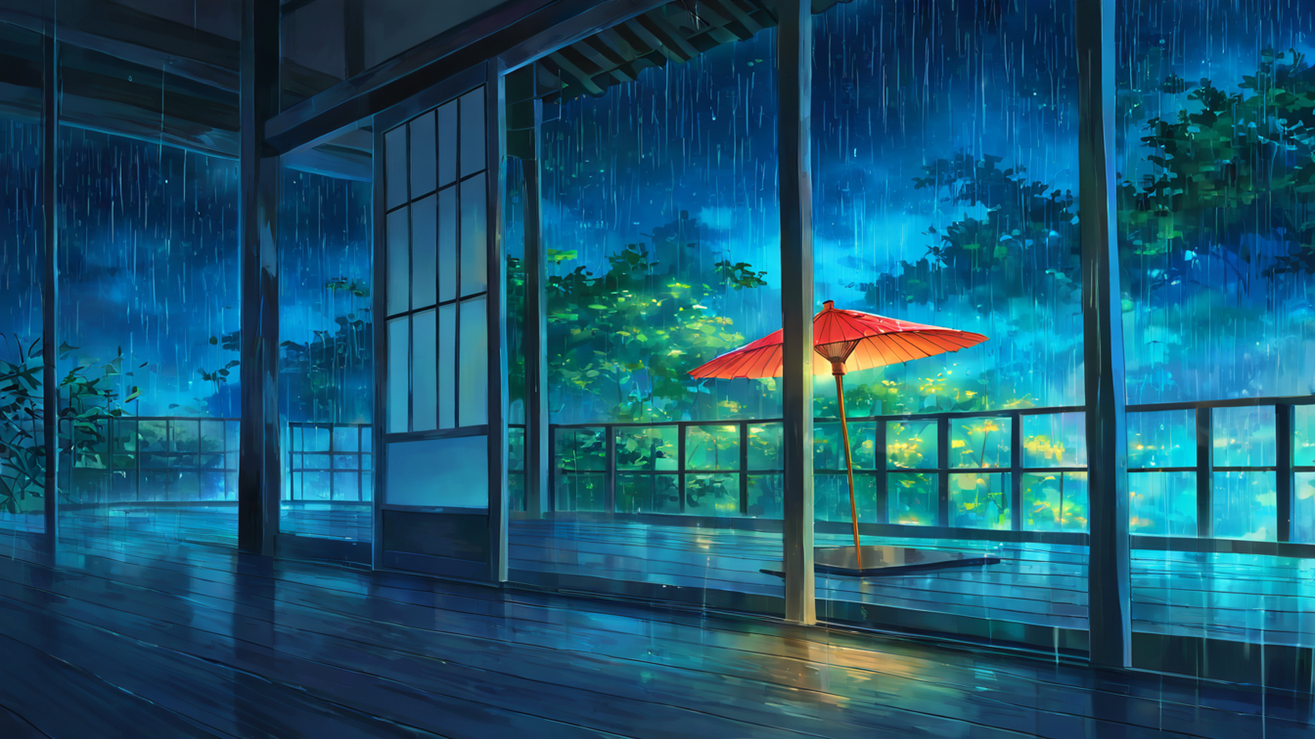 rainy porch engawa lofi wallpaper