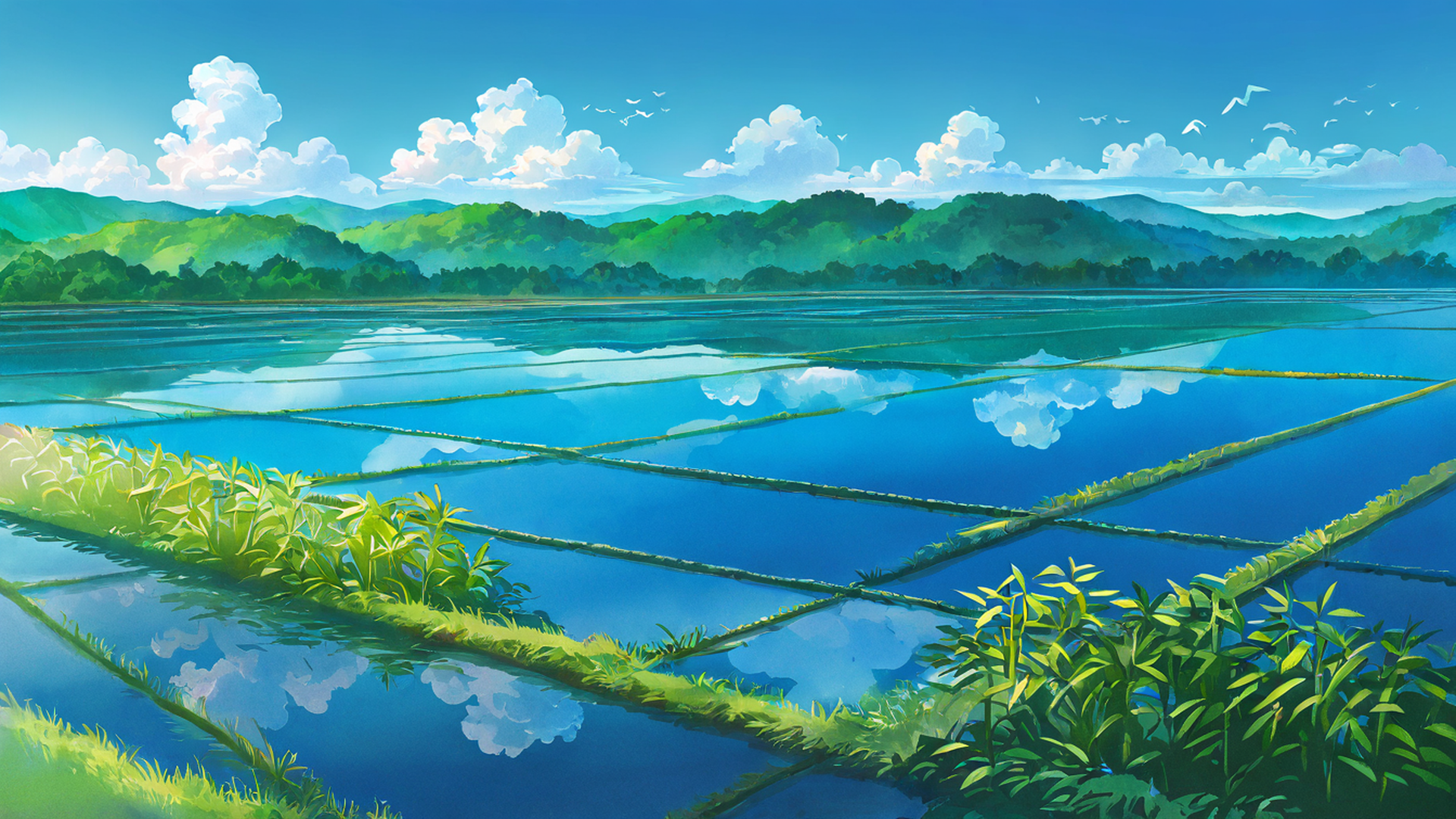 rice fields summer lofi wallpaper