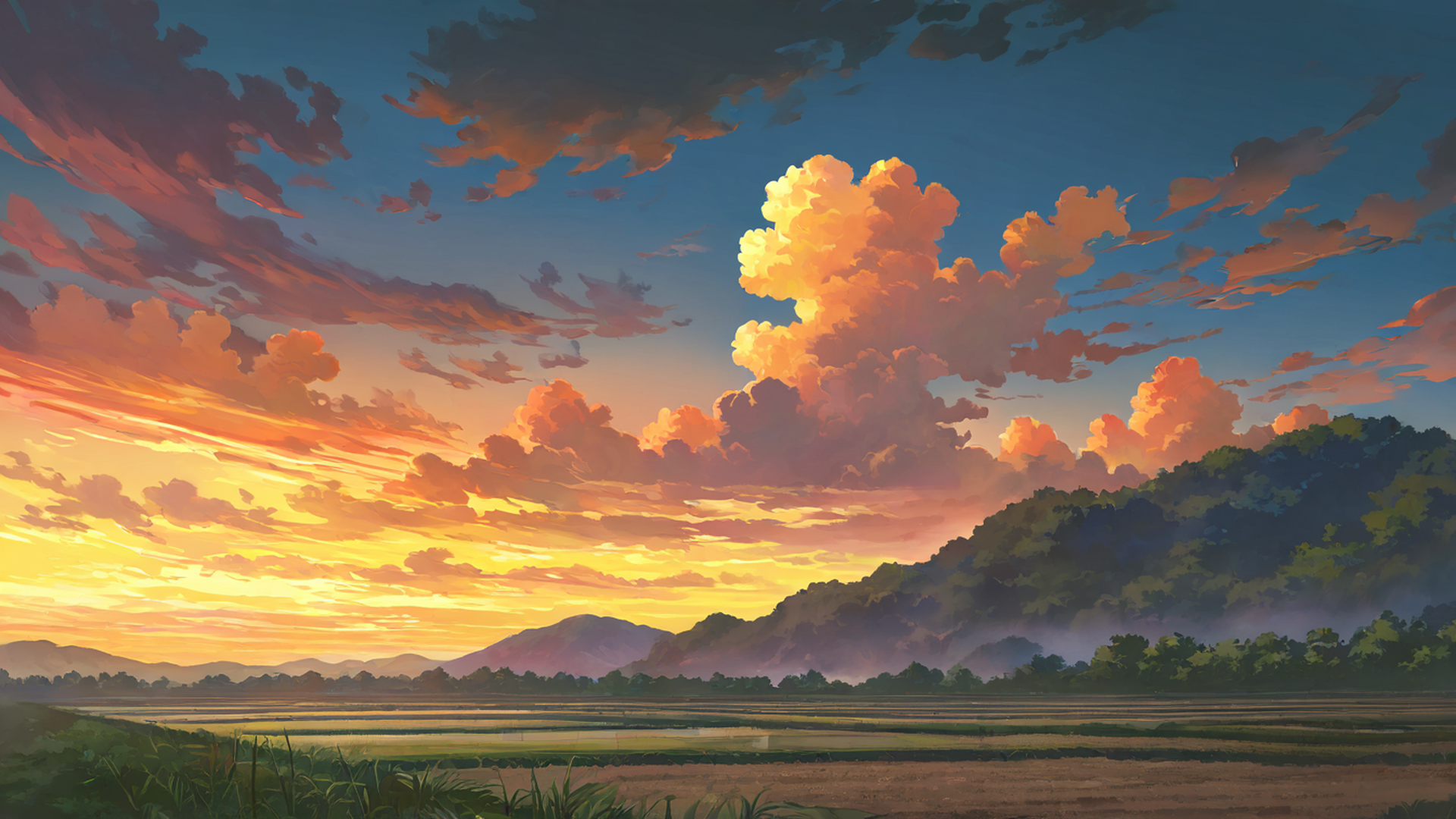 rice fields summer lofi wallpaper