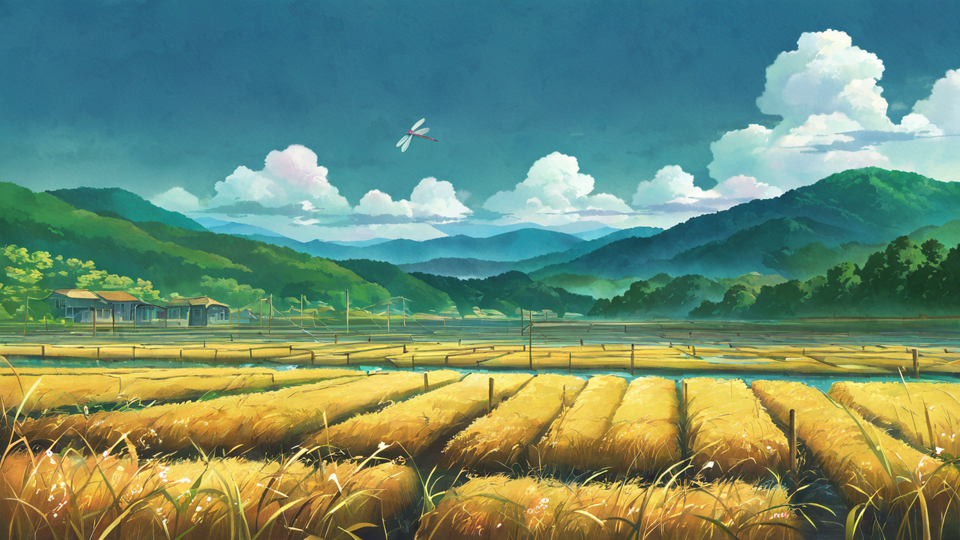 rice fields summer lofi wallpaper