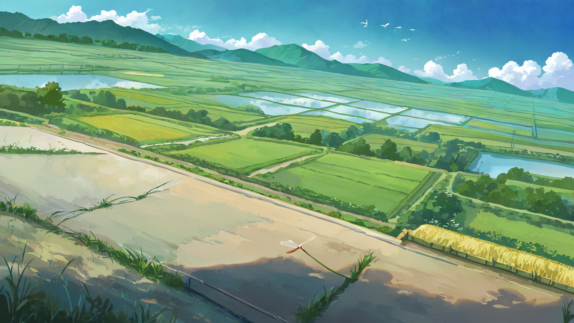 rice fields summer lofi wallpaper