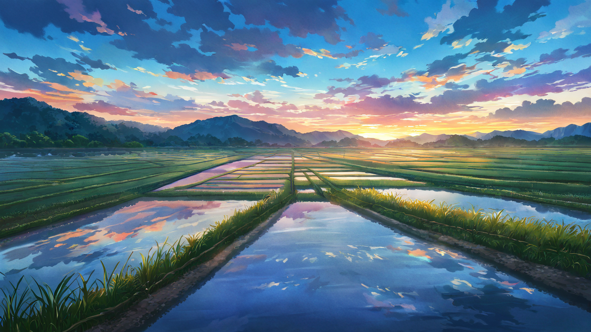 rice fields summer lofi wallpaper