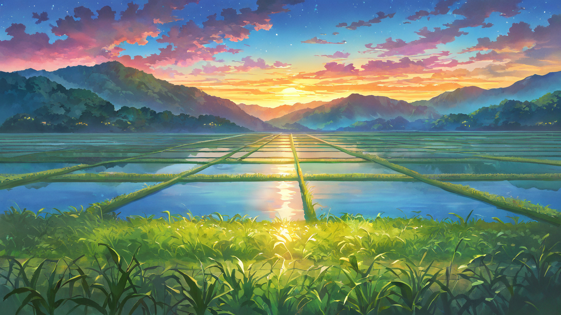rice fields summer lofi wallpaper