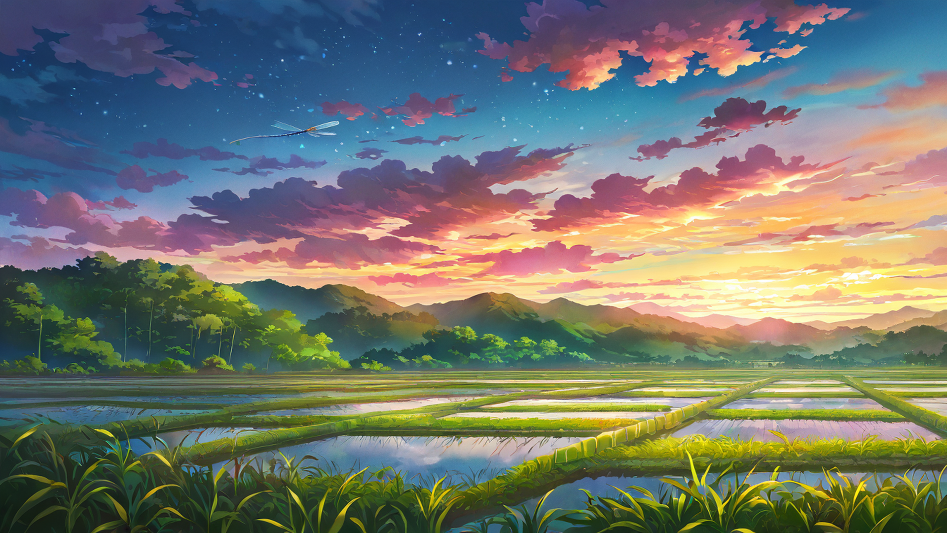 rice fields summer lofi wallpaper