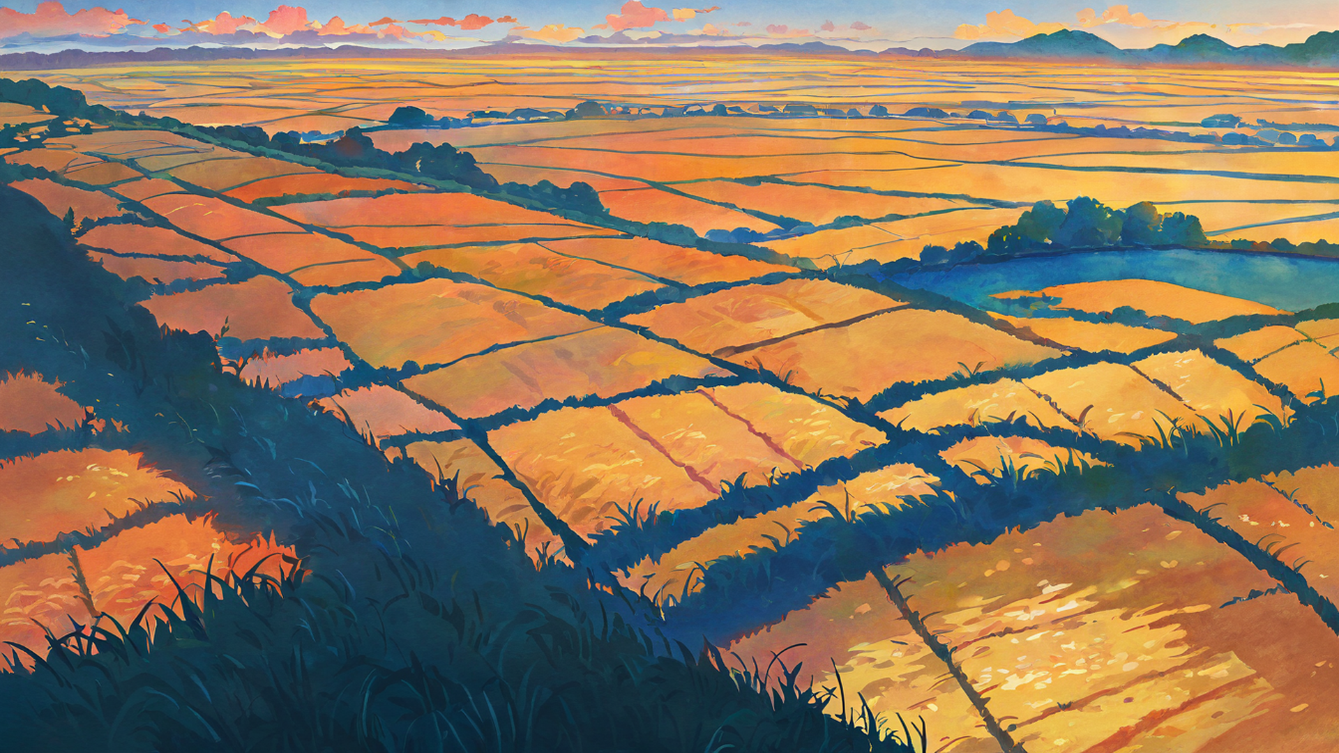 rice fields summer lofi wallpaper