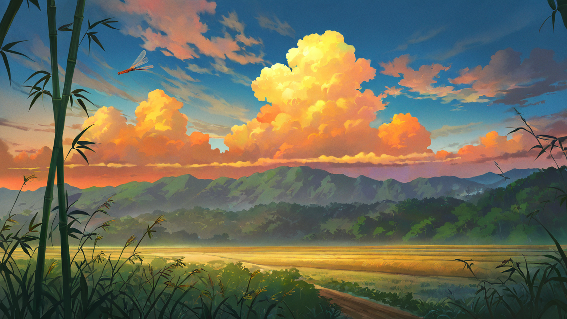 rice fields summer lofi wallpaper