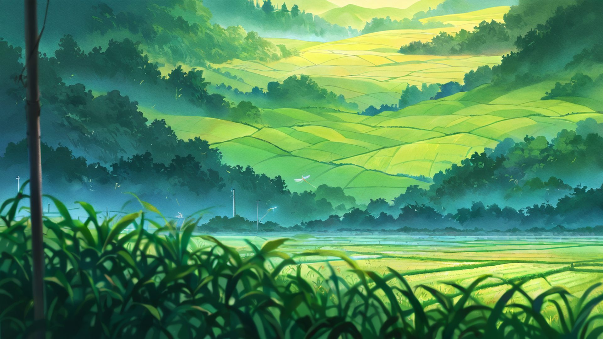 rice fields summer lofi wallpaper