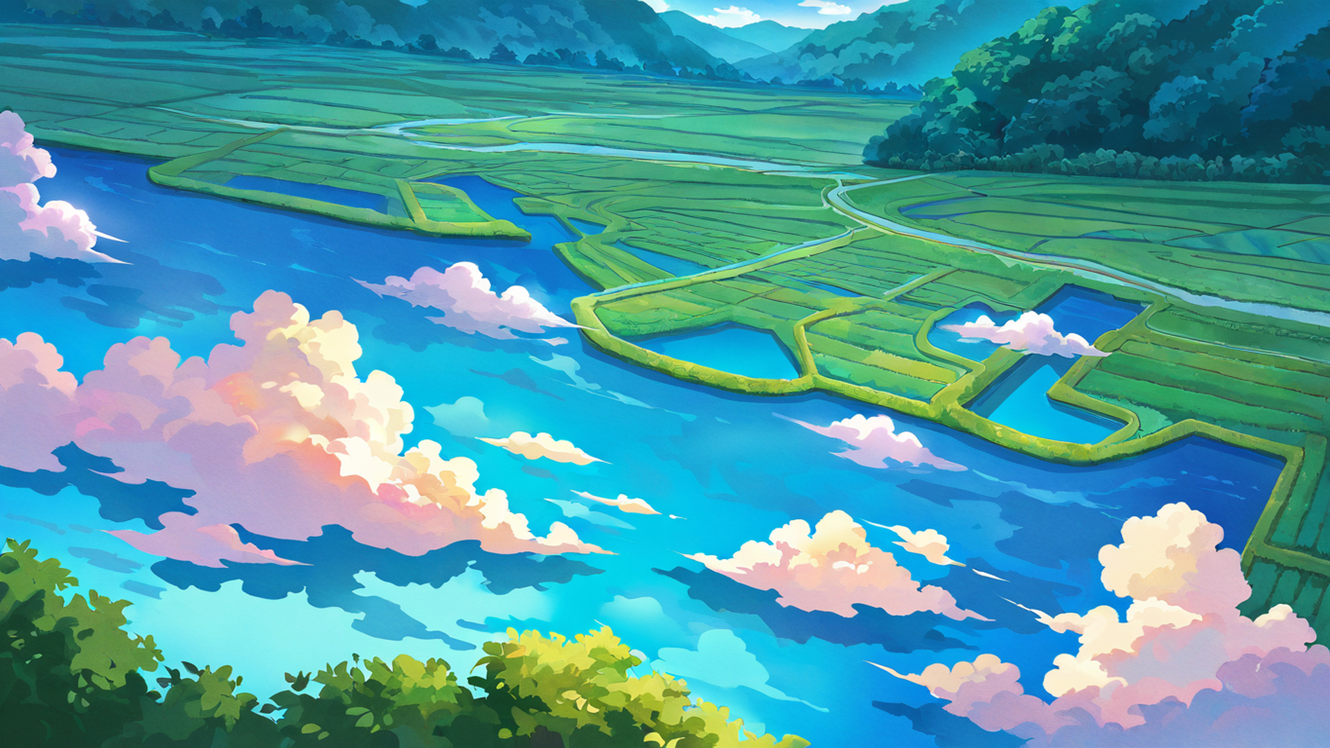 rice fields summer lofi wallpaper