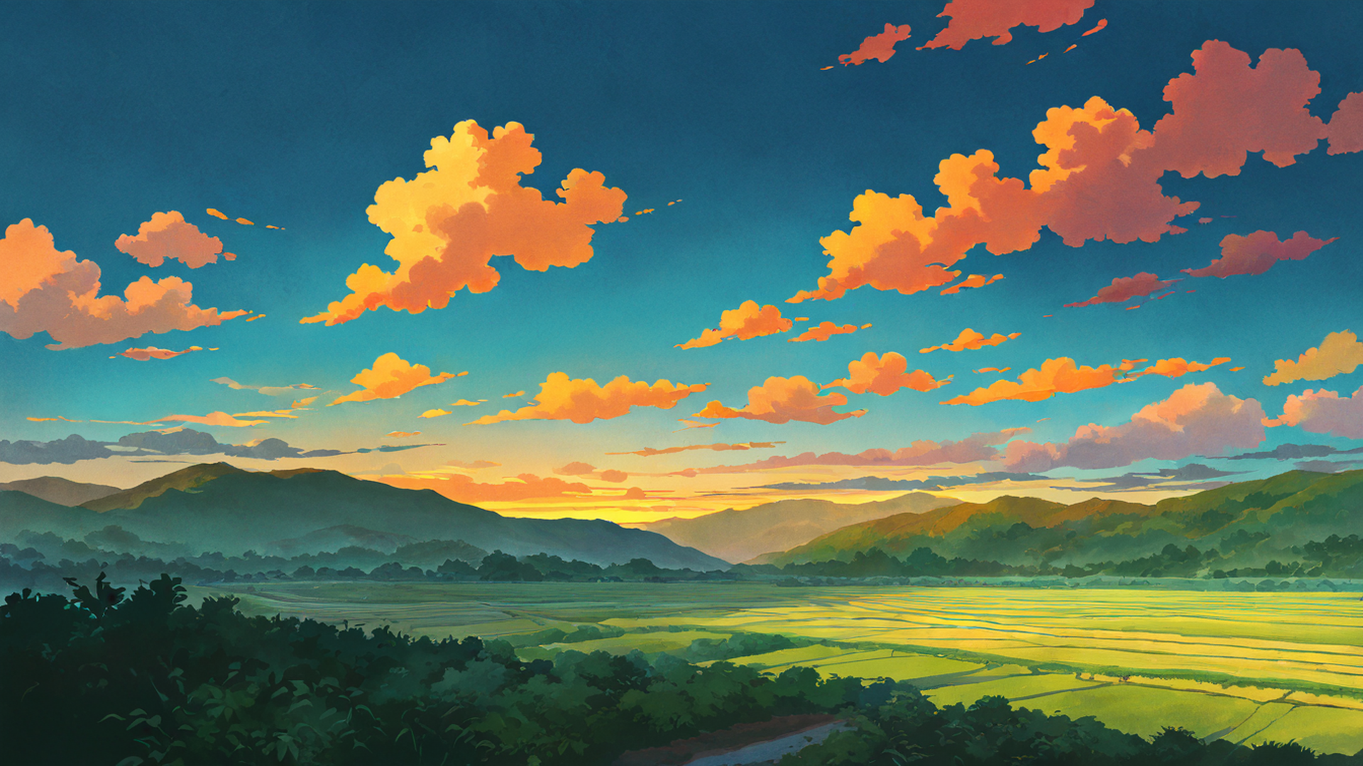 rice fields summer lofi wallpaper