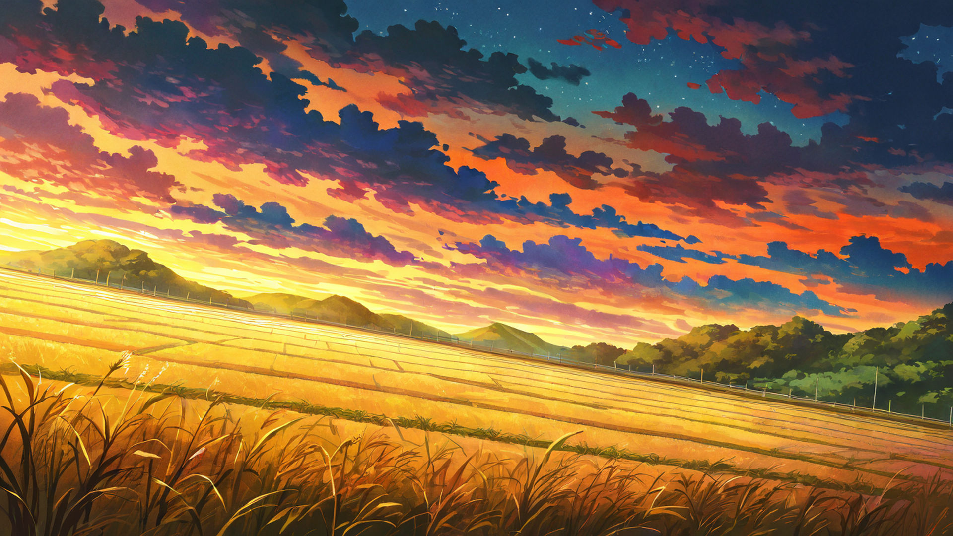 rice fields summer lofi wallpaper