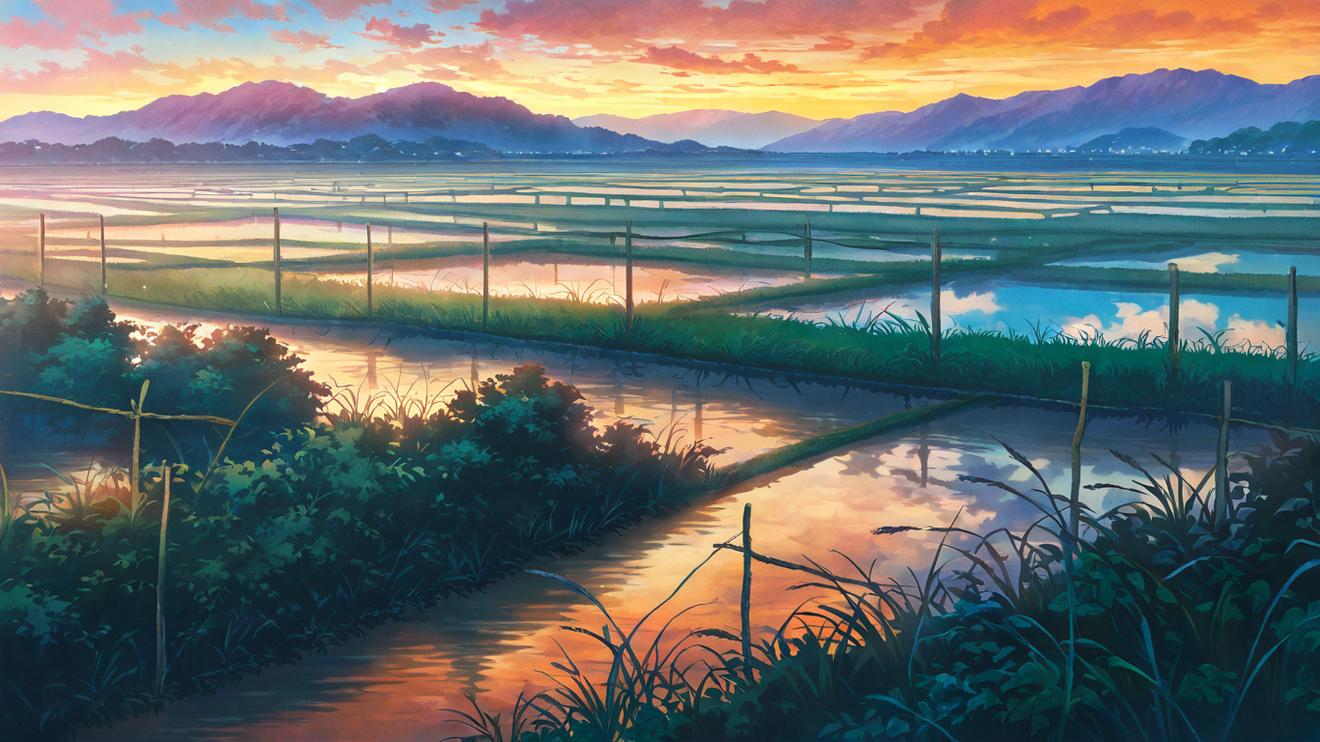 rice fields summer lofi wallpaper