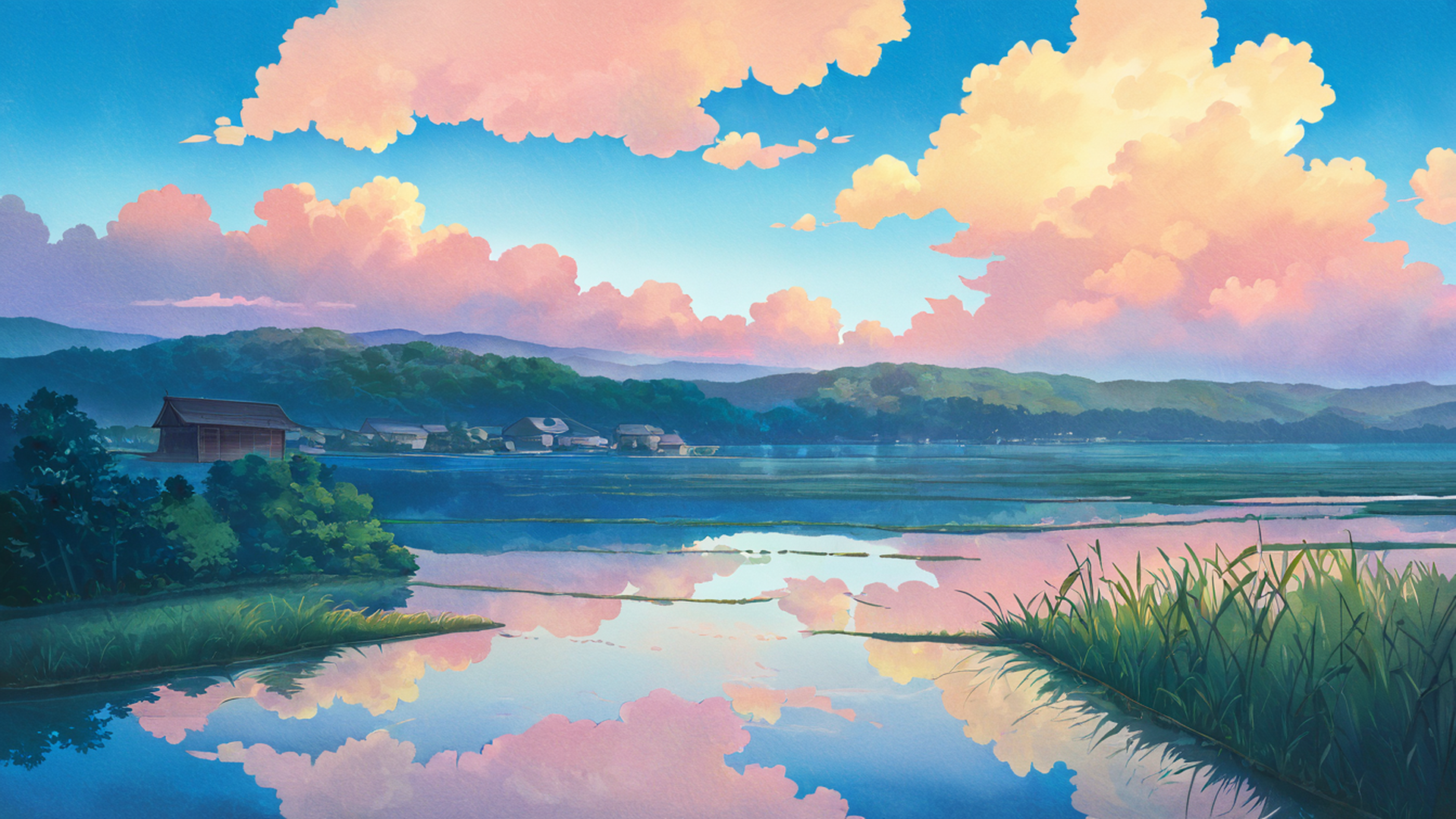 rice fields summer lofi wallpaper