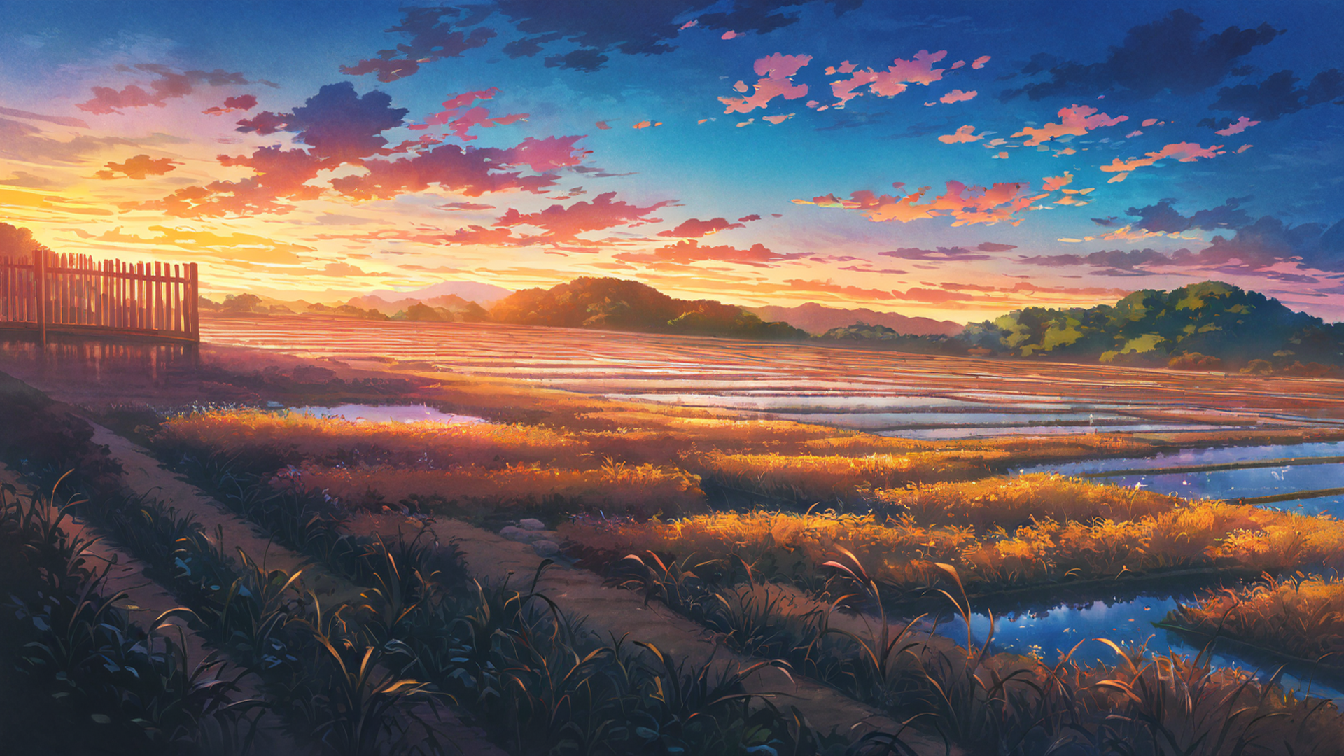 rice fields summer lofi wallpaper