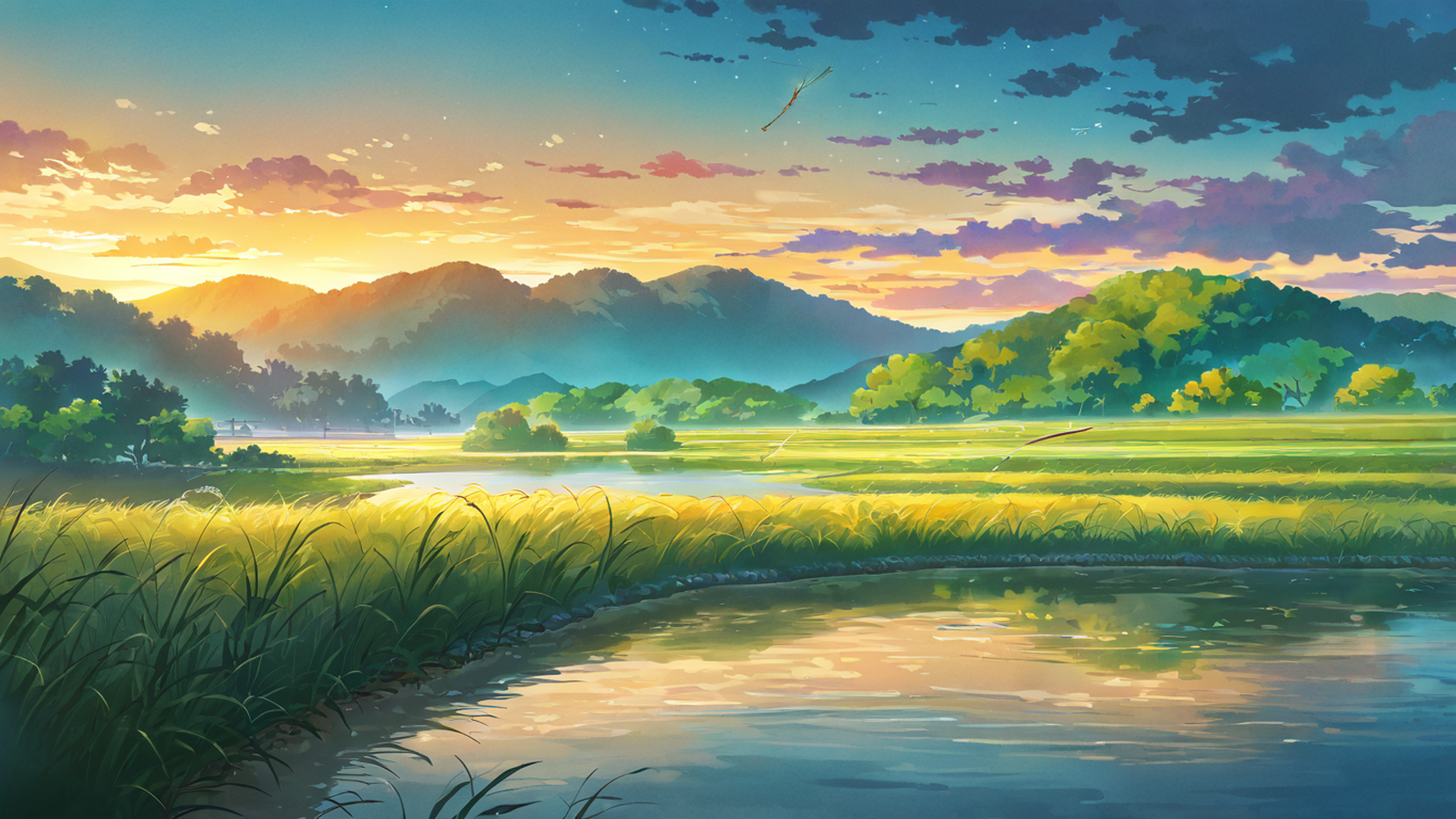 rice fields summer lofi wallpaper