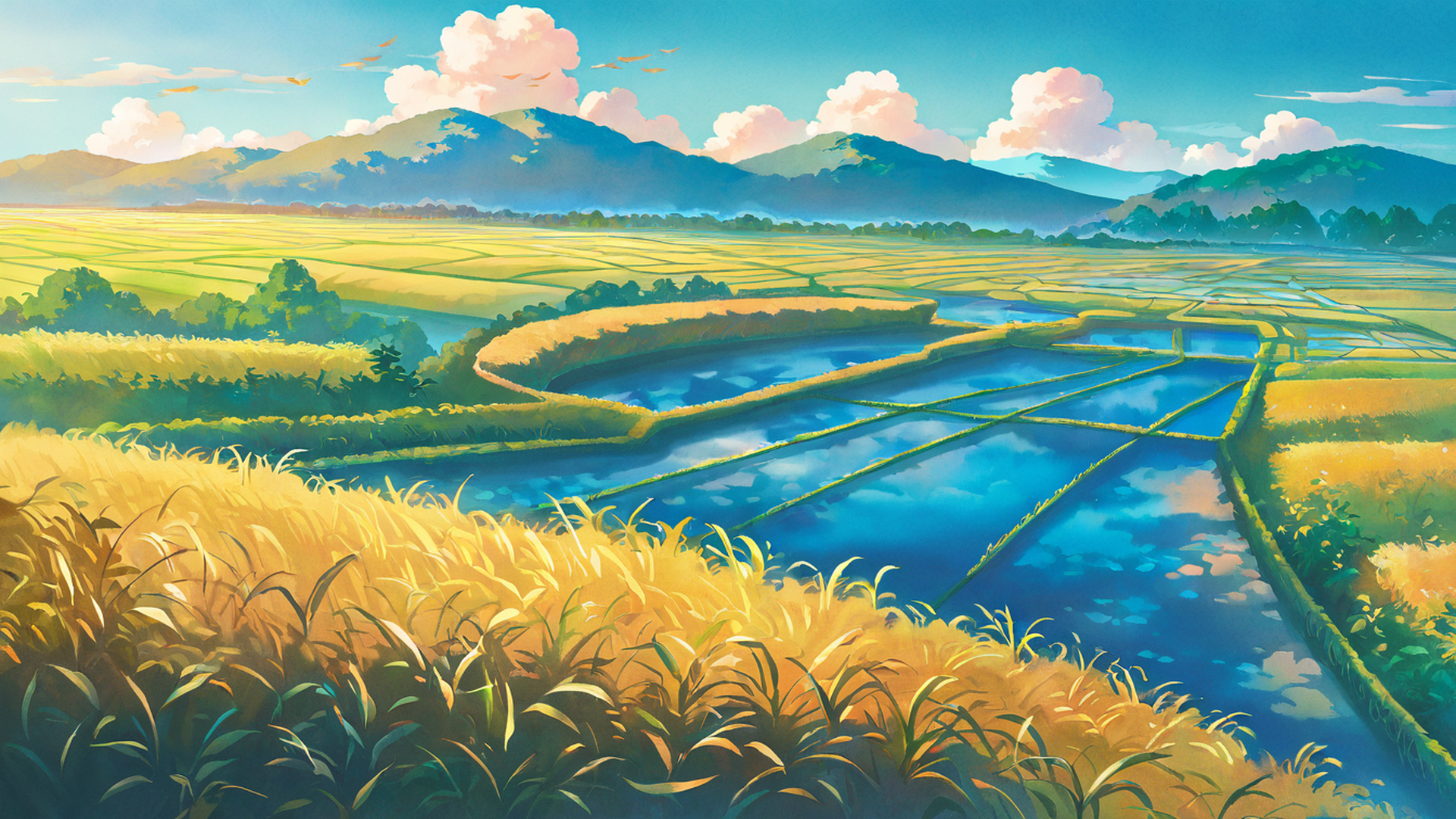rice fields summer lofi wallpaper