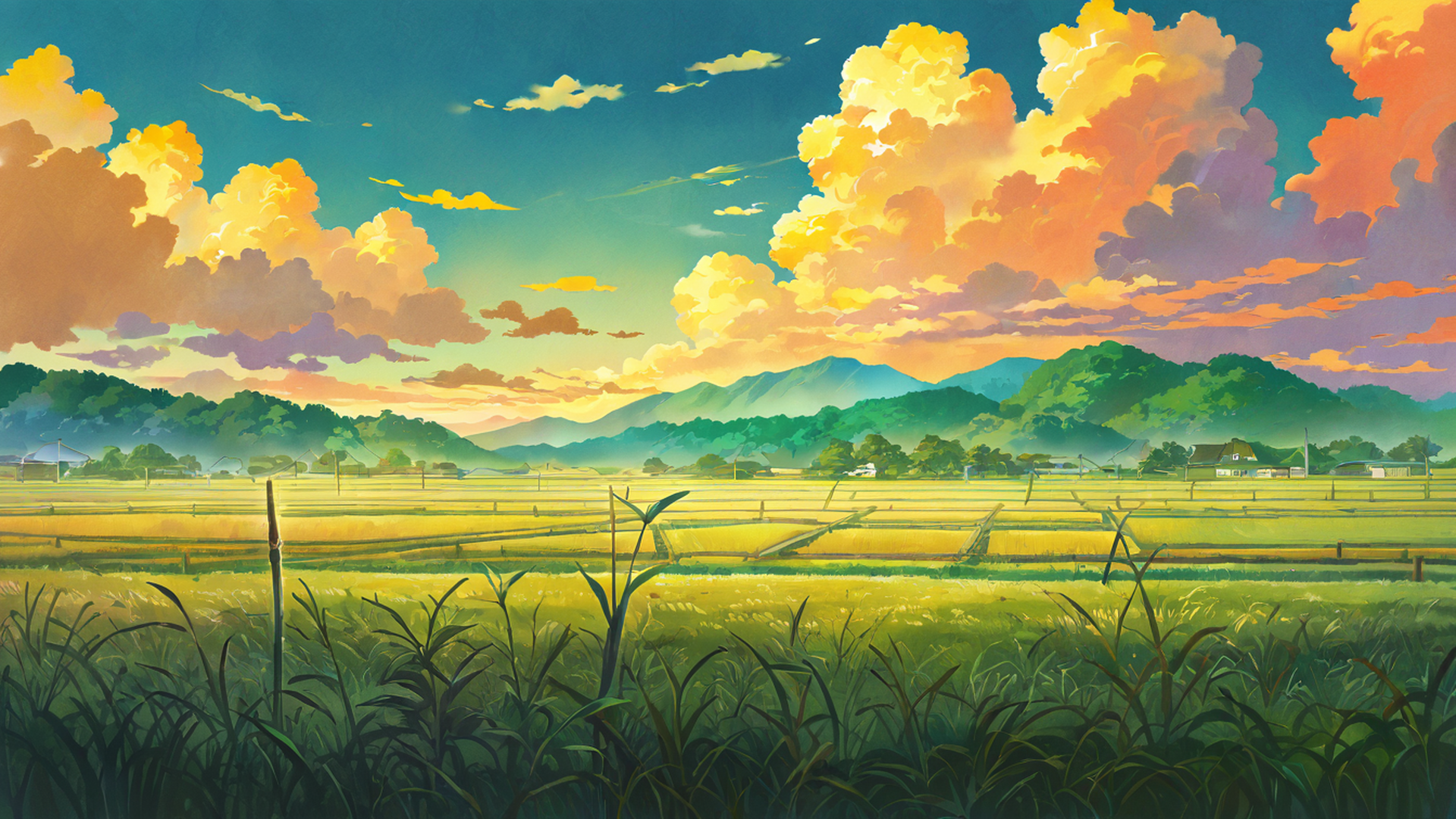 rice fields summer lofi wallpaper