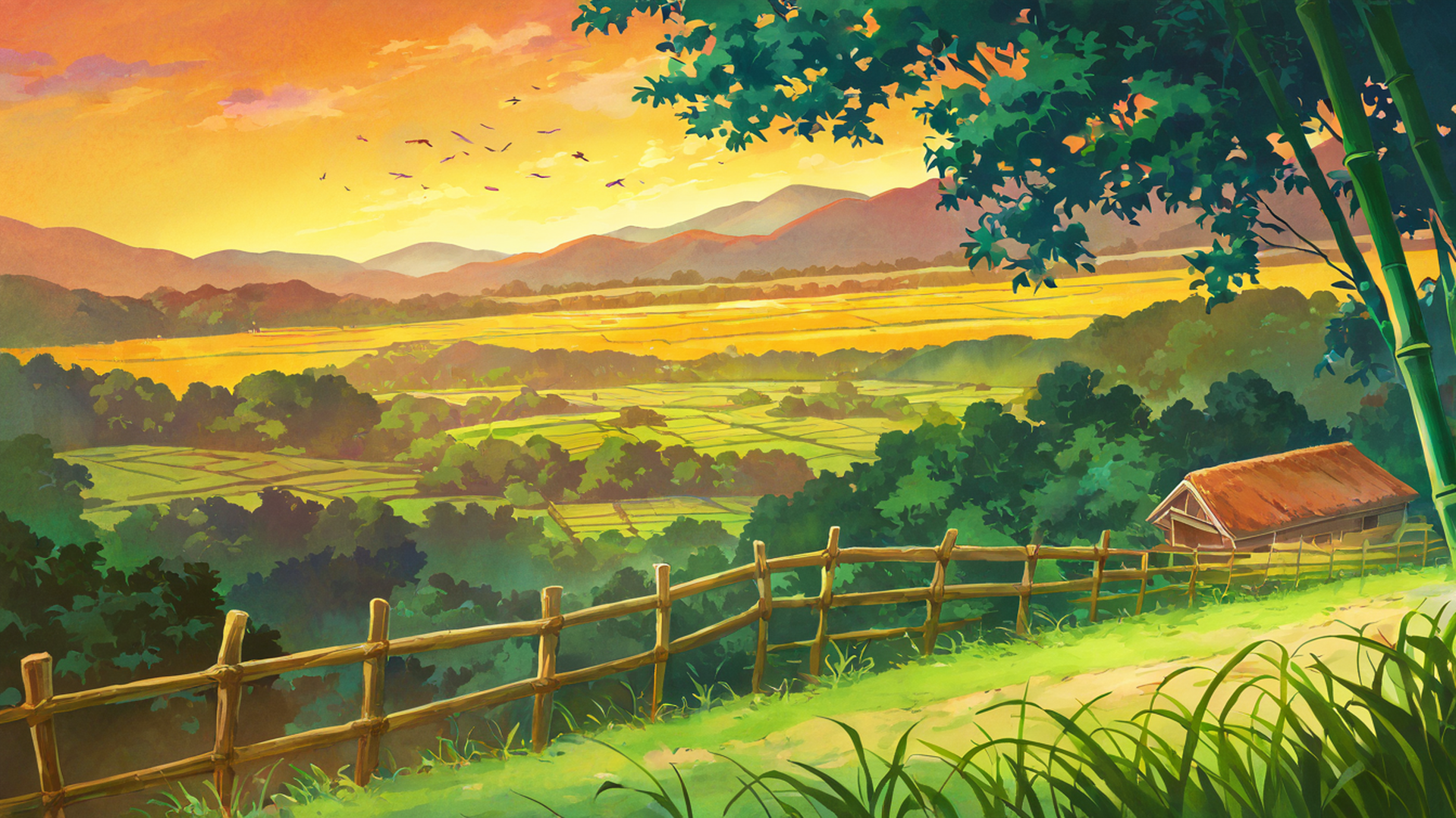 rice fields summer lofi wallpaper