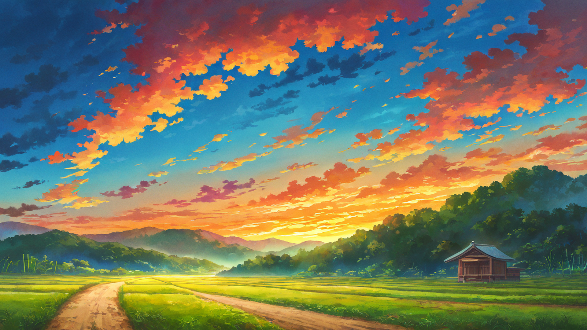 rice fields summer lofi wallpaper