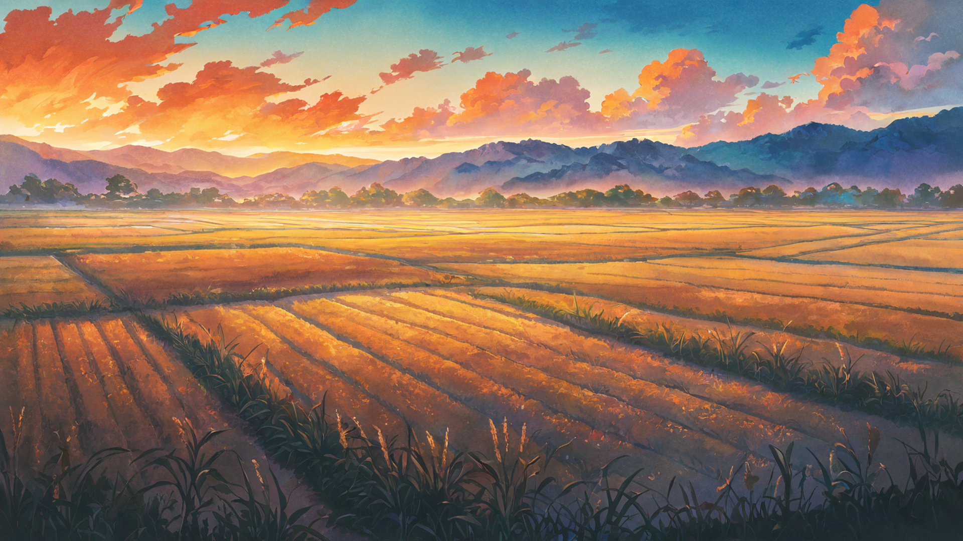 rice fields summer lofi wallpaper