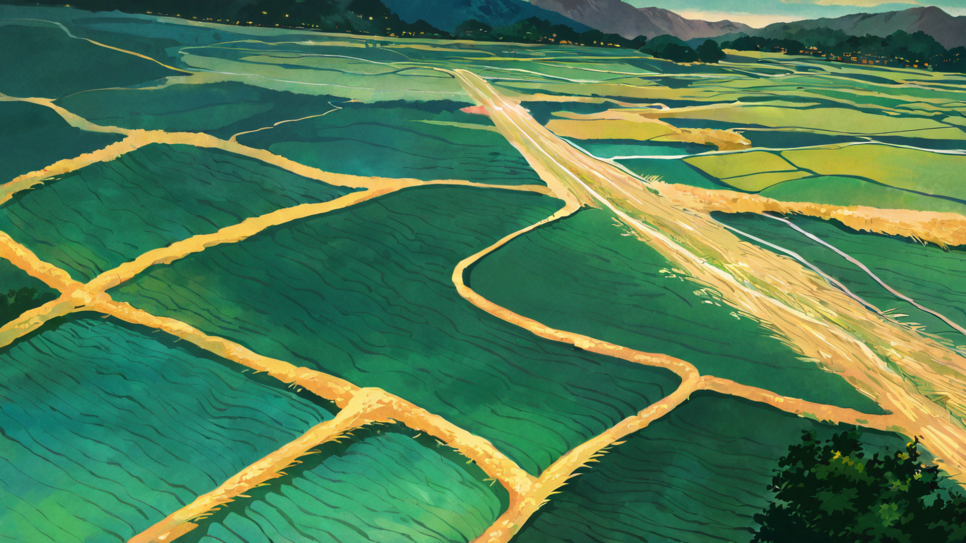 rice fields summer lofi wallpaper