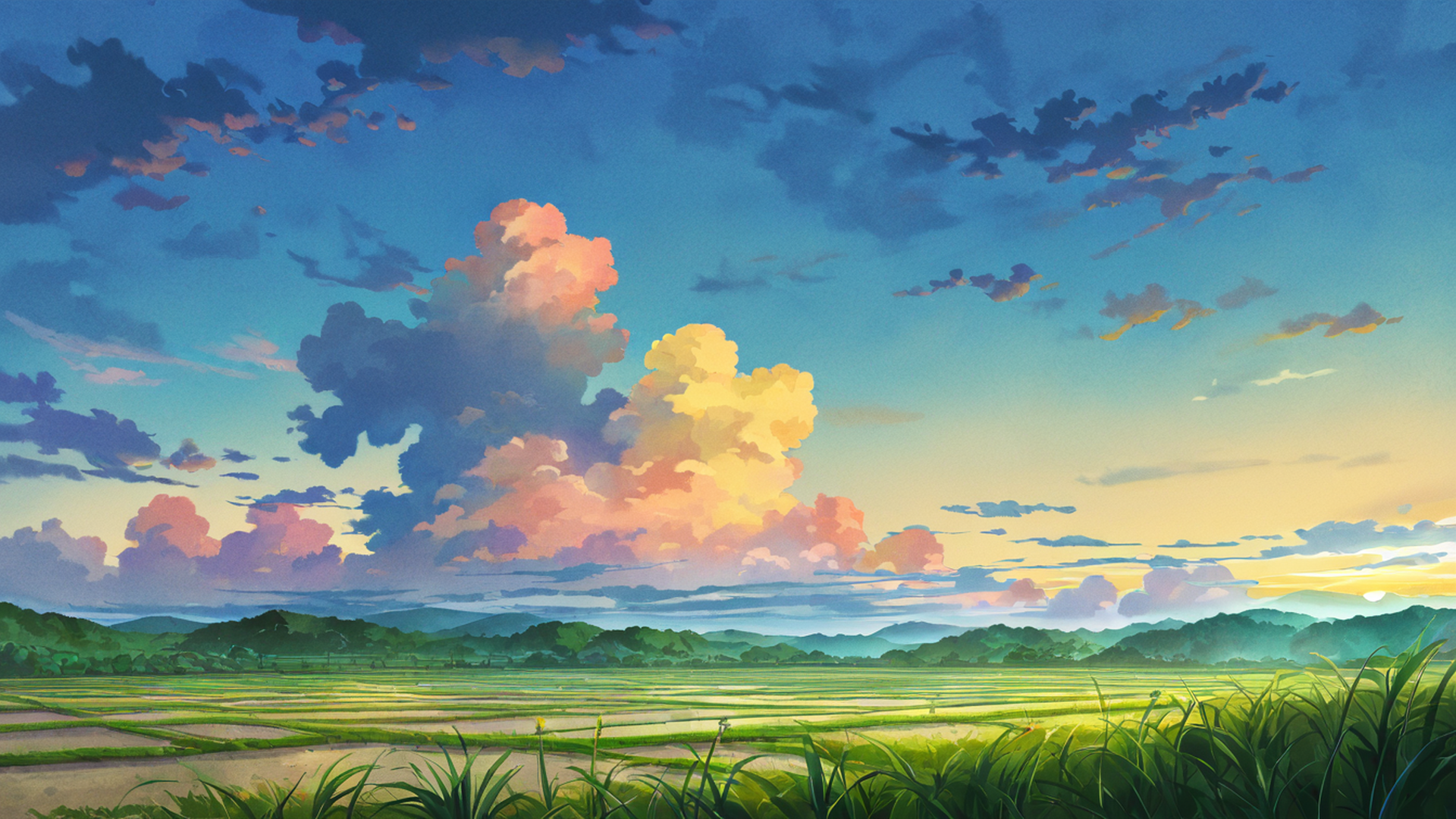 rice fields summer lofi wallpaper