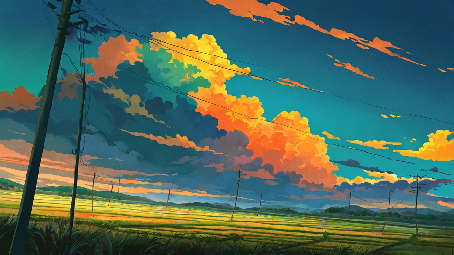 rice fields summer lofi wallpaper