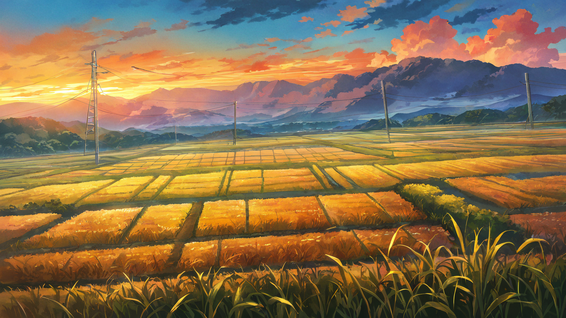 rice fields summer lofi wallpaper