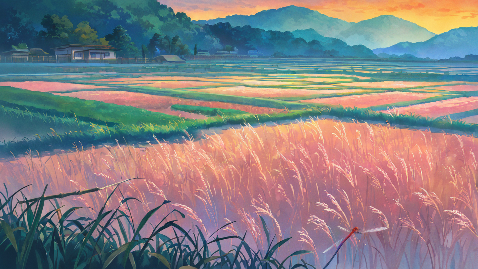 rice fields summer lofi wallpaper