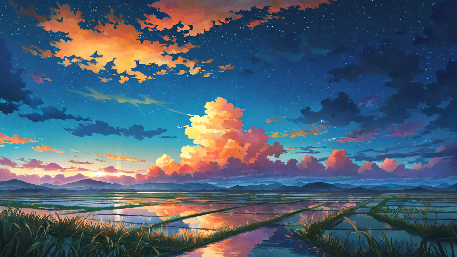 rice fields summer lofi wallpaper