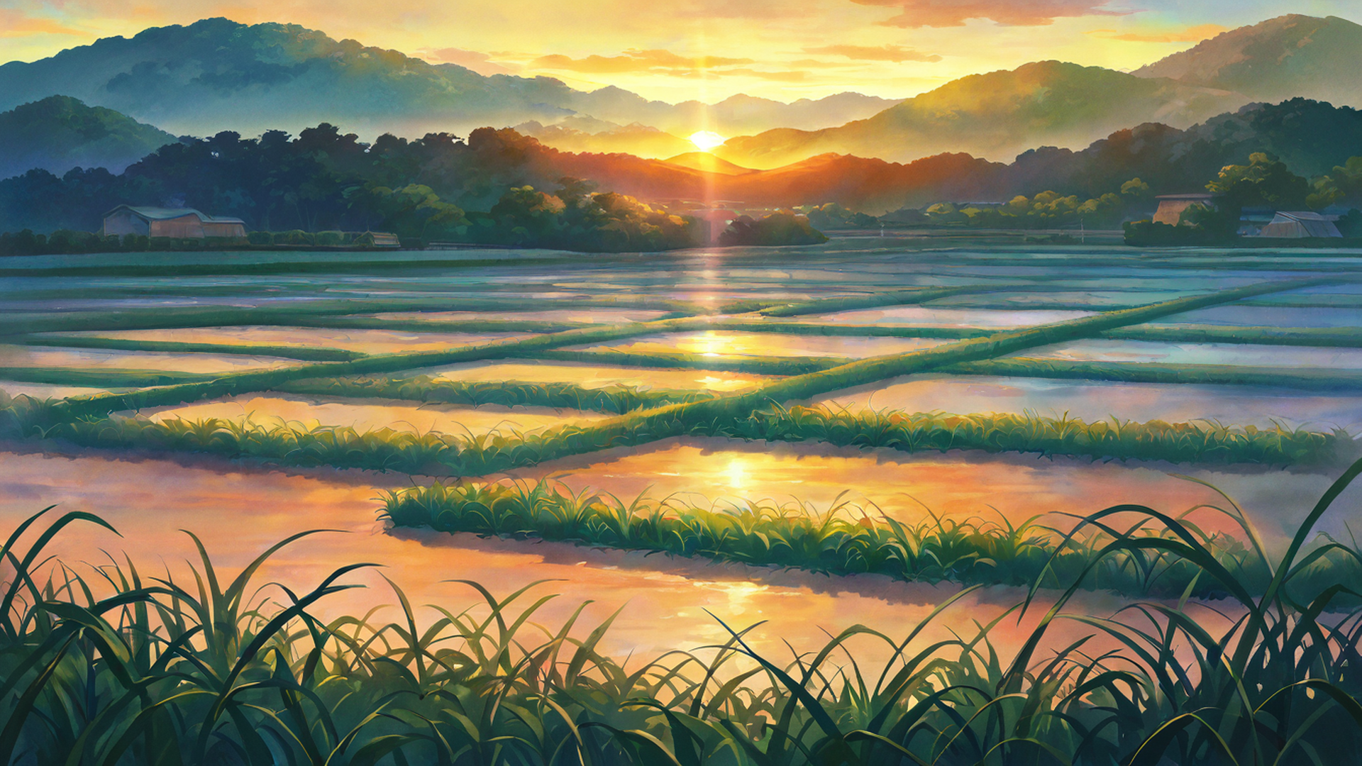 rice fields summer lofi wallpaper