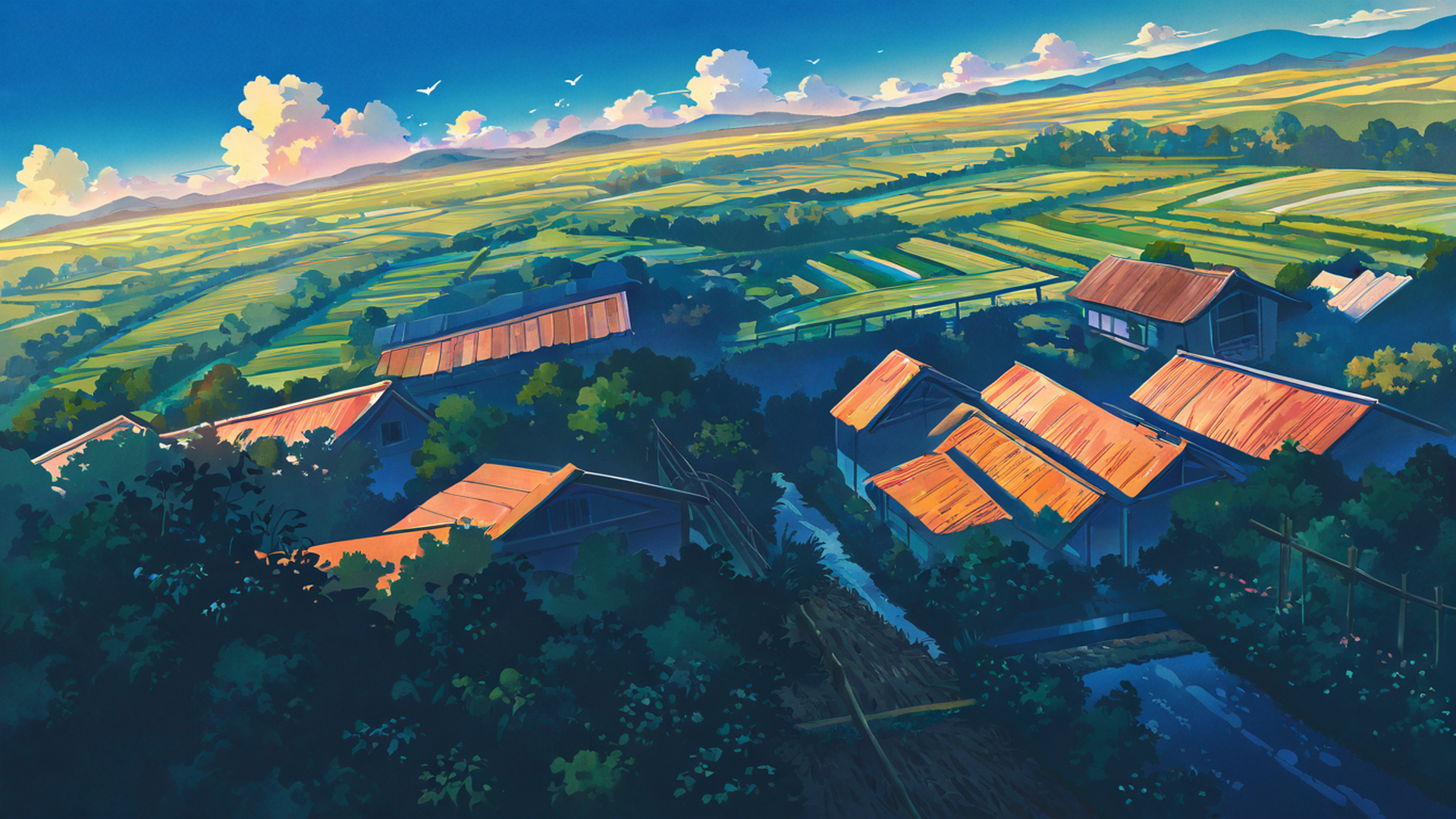 rice fields summer lofi wallpaper