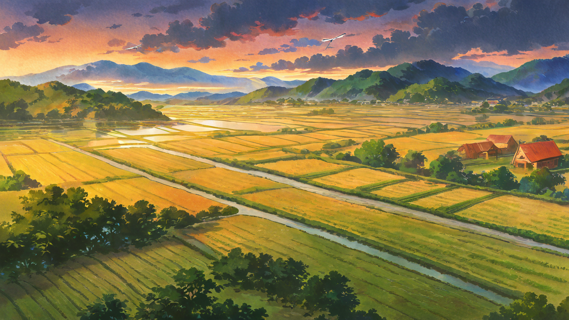 rice fields summer lofi wallpaper