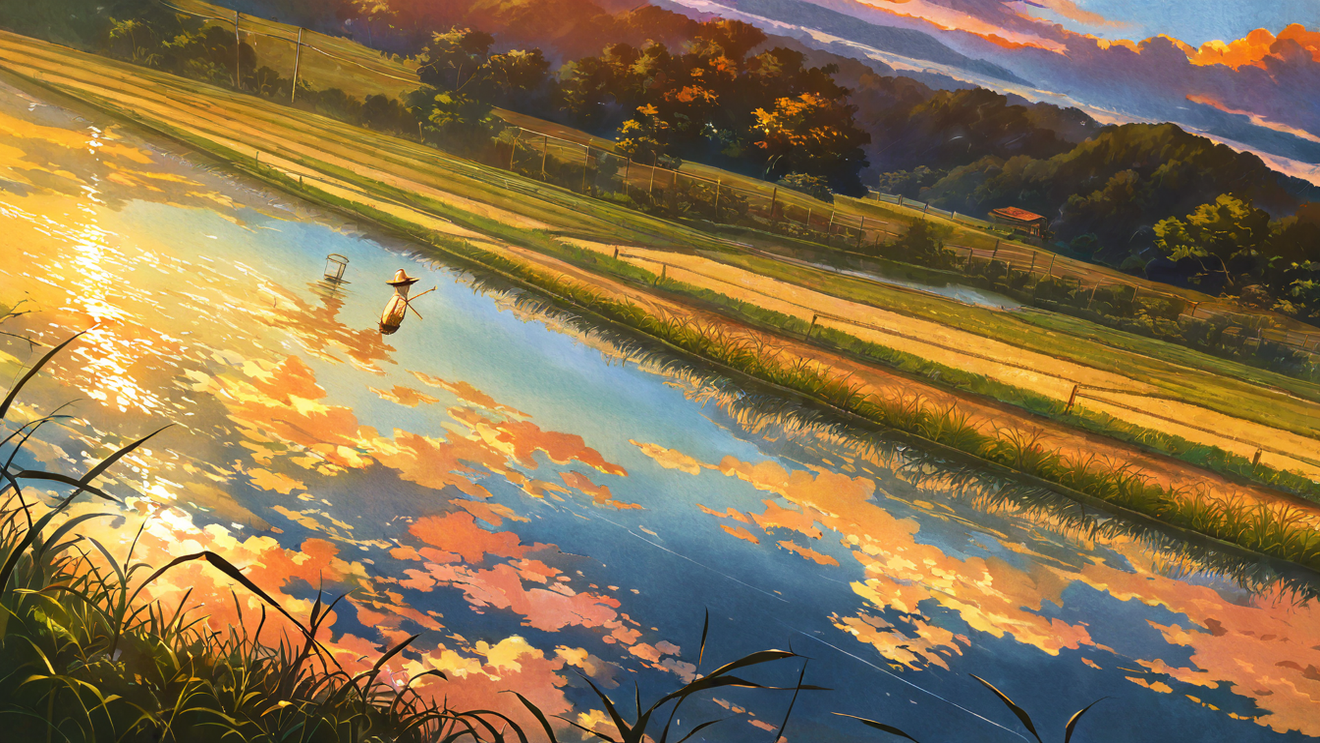 rice fields summer lofi wallpaper