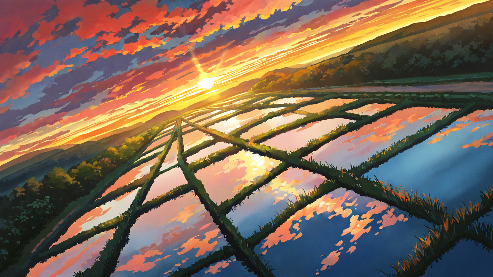 rice fields summer lofi wallpaper