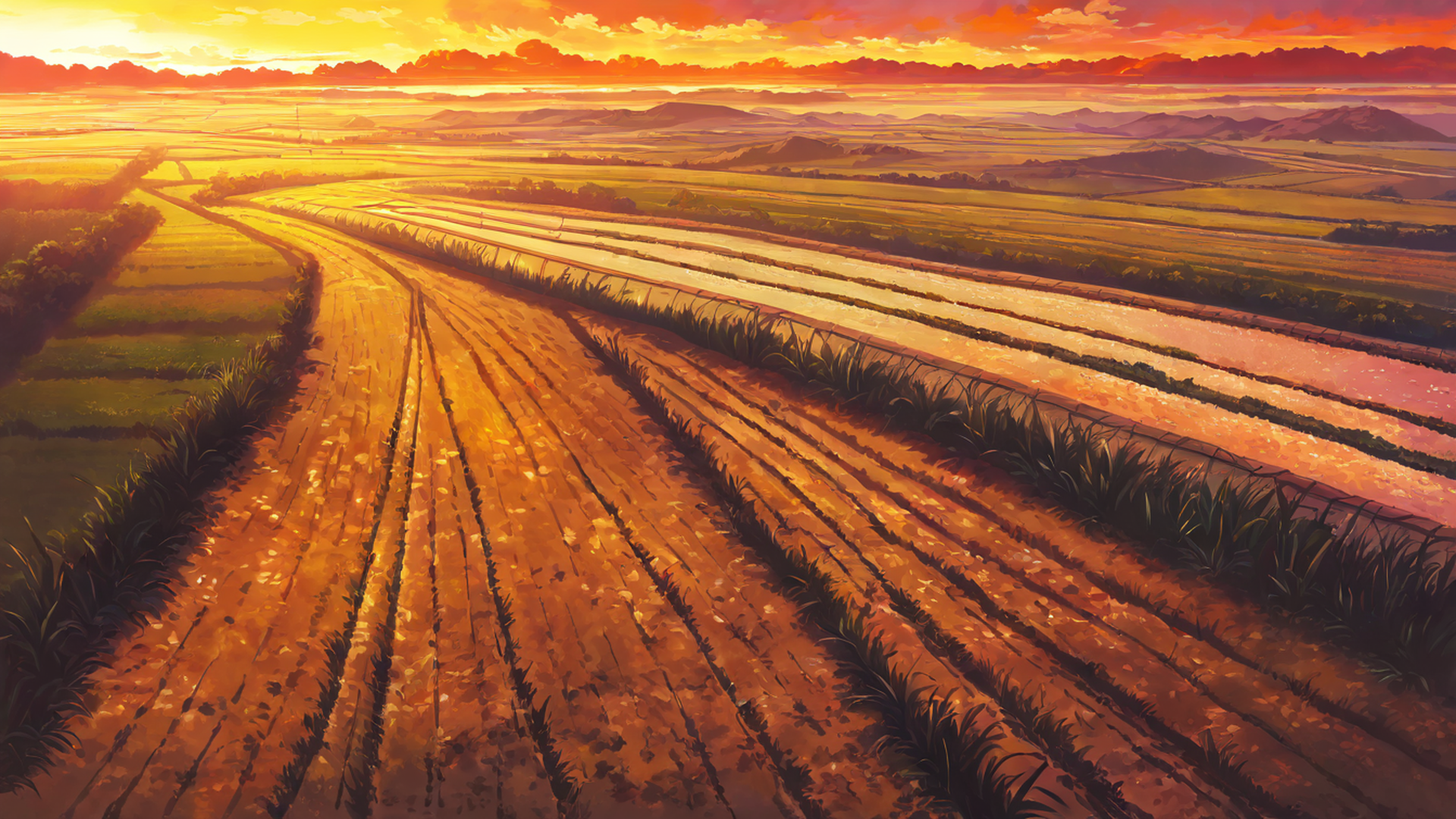 rice fields summer lofi wallpaper