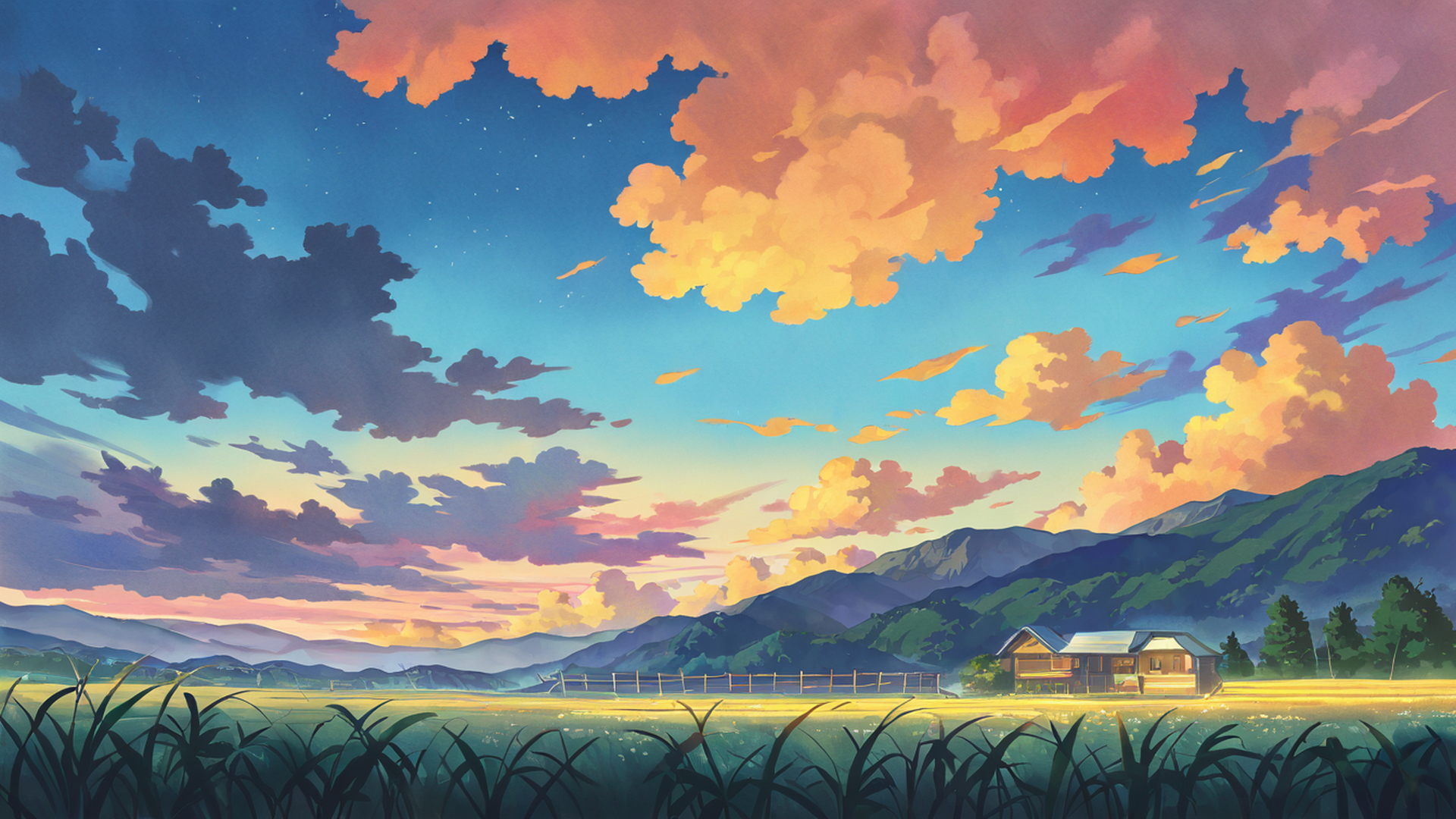 rice fields summer lofi wallpaper