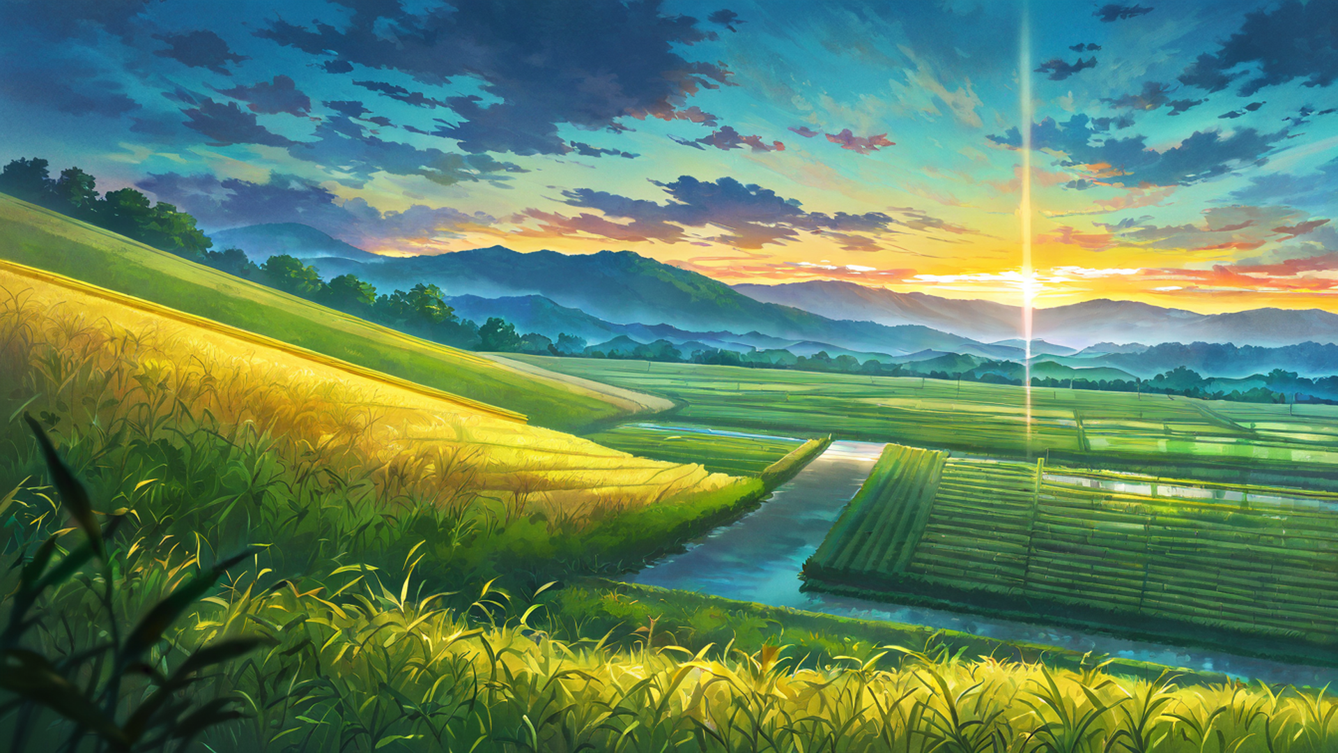 rice fields summer lofi wallpaper