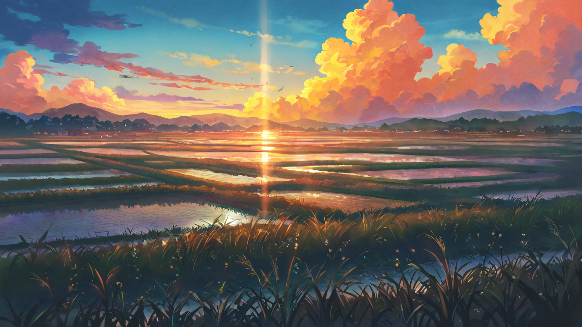 rice fields summer lofi wallpaper